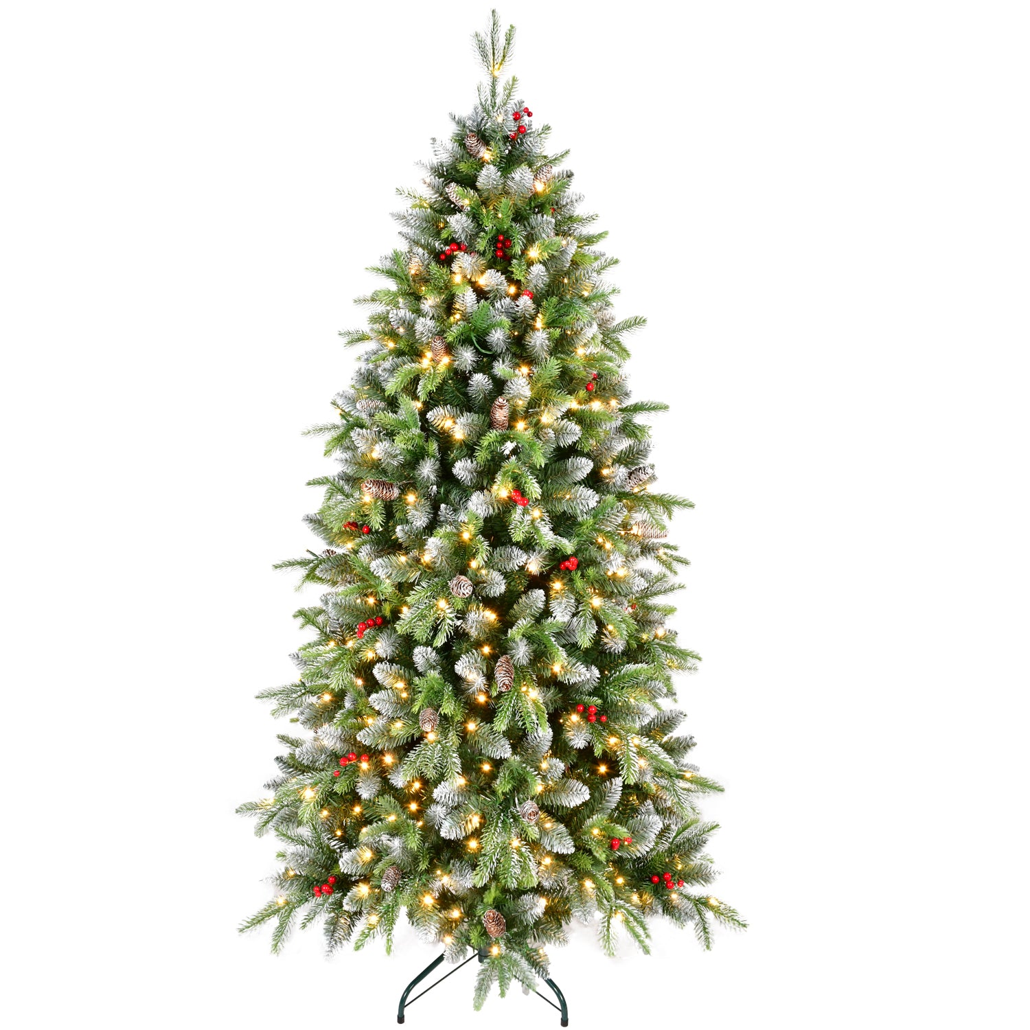 6ft Pre-Lit Artificial Christmas Tree with 380 Warm White LED Lights, 1264 Tips, Frosted Greenery with Red Berries & Natural Pinecones, Full Holiday Tree with Sturdy Metal Stand for Indoor Decoration