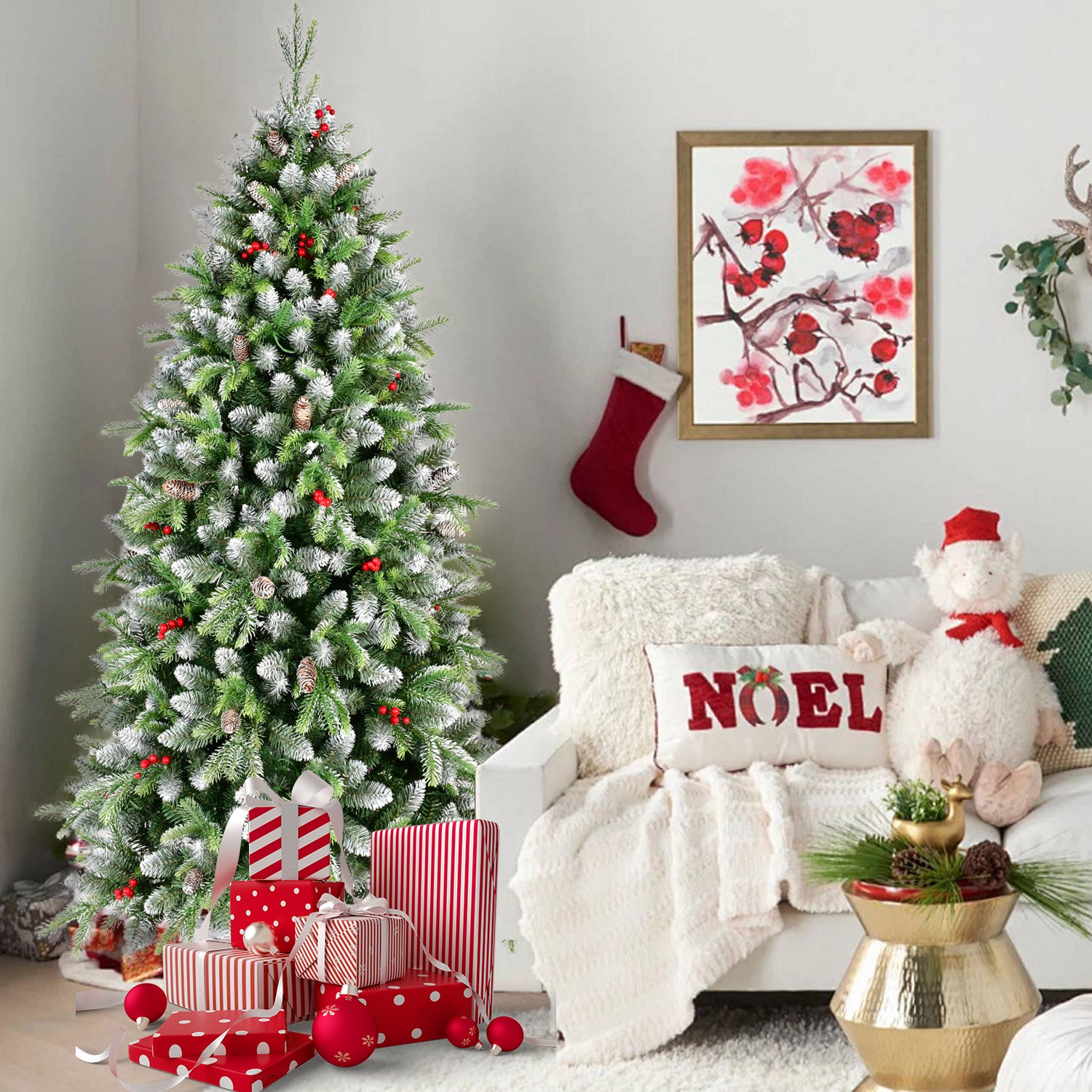 6ft Pre-Lit Artificial Christmas Tree with 380 Warm White LED Lights, 1264 Tips, Frosted Greenery with Red Berries & Natural Pinecones, Full Holiday Tree with Sturdy Metal Stand for Indoor Decoration