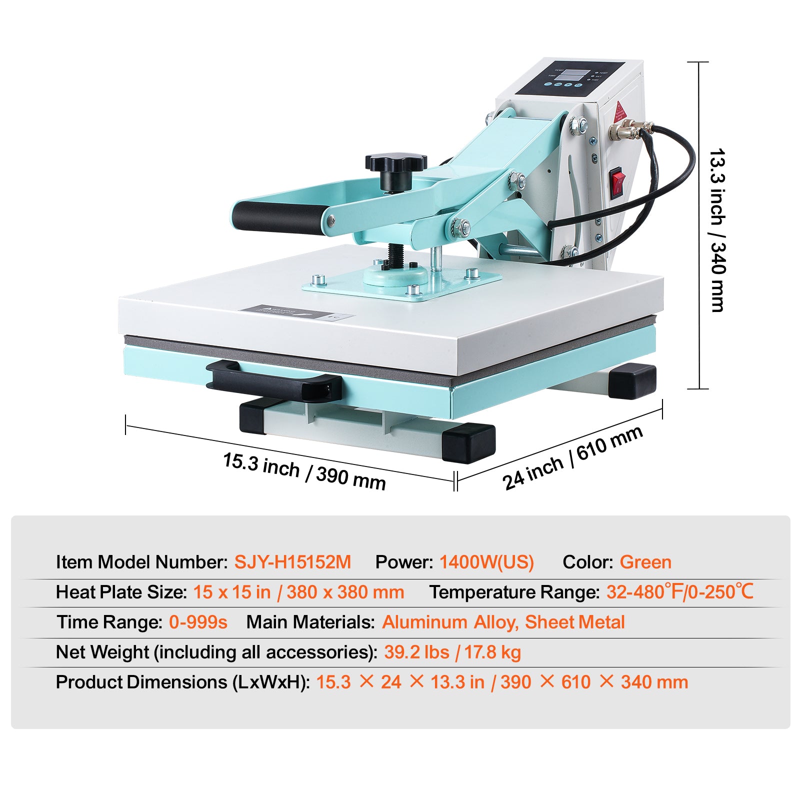 Heat Press Machine 15x15 in Slide Out Heat Transfer Machine T-Shirts Green