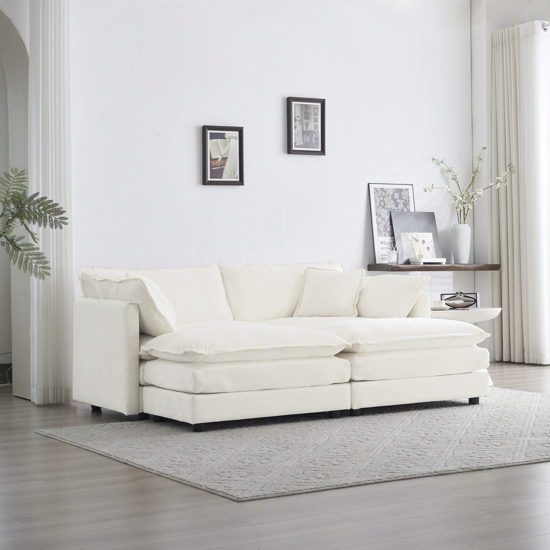 4 - Piece Upholstered Sectional Sofa, 1 - Piece of 2 Seater Sofa and 2- Piece of Ottomans , 2 Seater Loveseat Lounge with Ottomans , White Chenille
