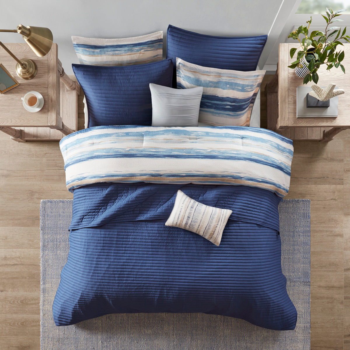 8 Piece Printed Seersucker Comforter and Quilt Set Collection Blue King/Cal King