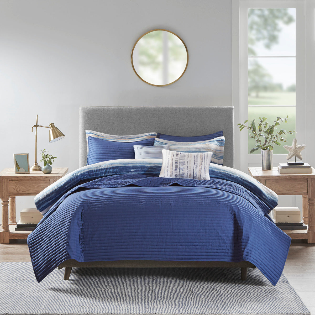 8 Piece Printed Seersucker Comforter and Quilt Set Collection Blue King/Cal King