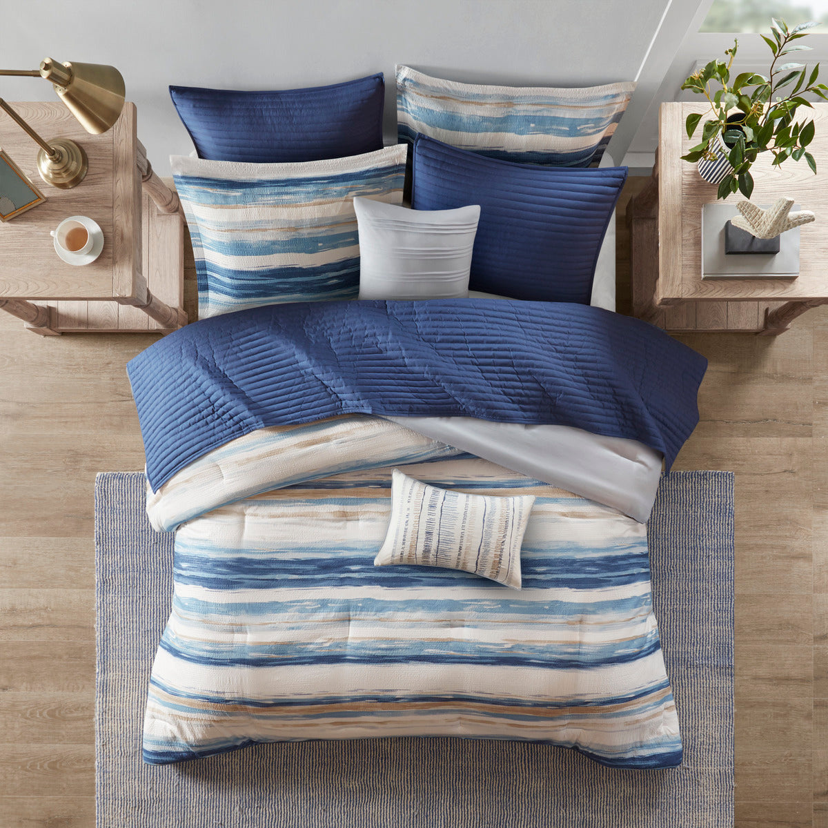 8 Piece Printed Seersucker Comforter and Quilt Set Collection Blue King/Cal King