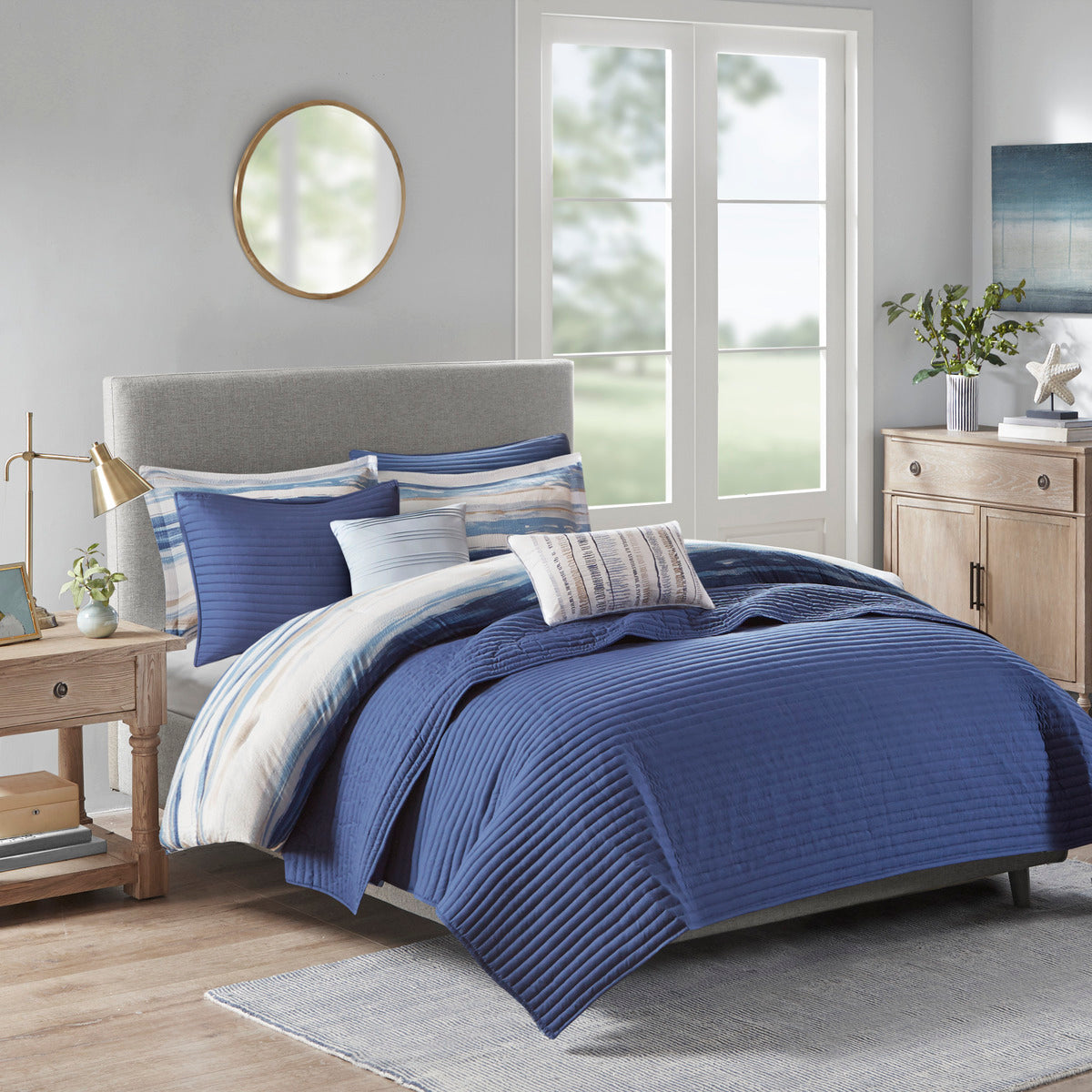 8 Piece Printed Seersucker Comforter and Quilt Set Collection Blue King/Cal King