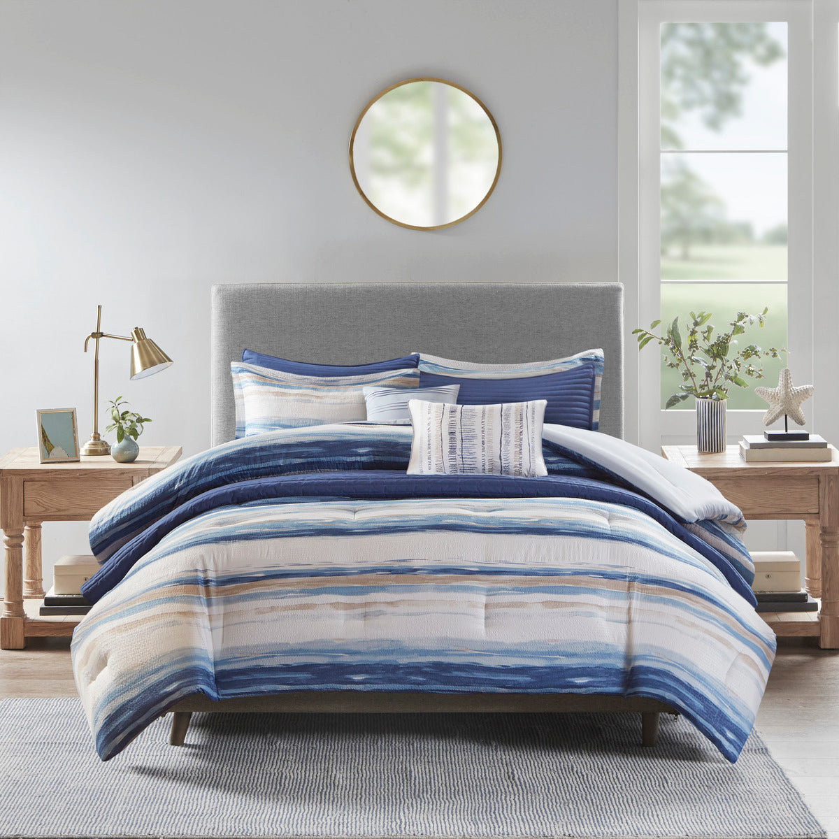 8 Piece Printed Seersucker Comforter and Quilt Set Collection Blue King/Cal King