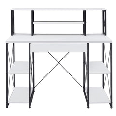 White and Black Office Desk with Open Shelves and Hutch