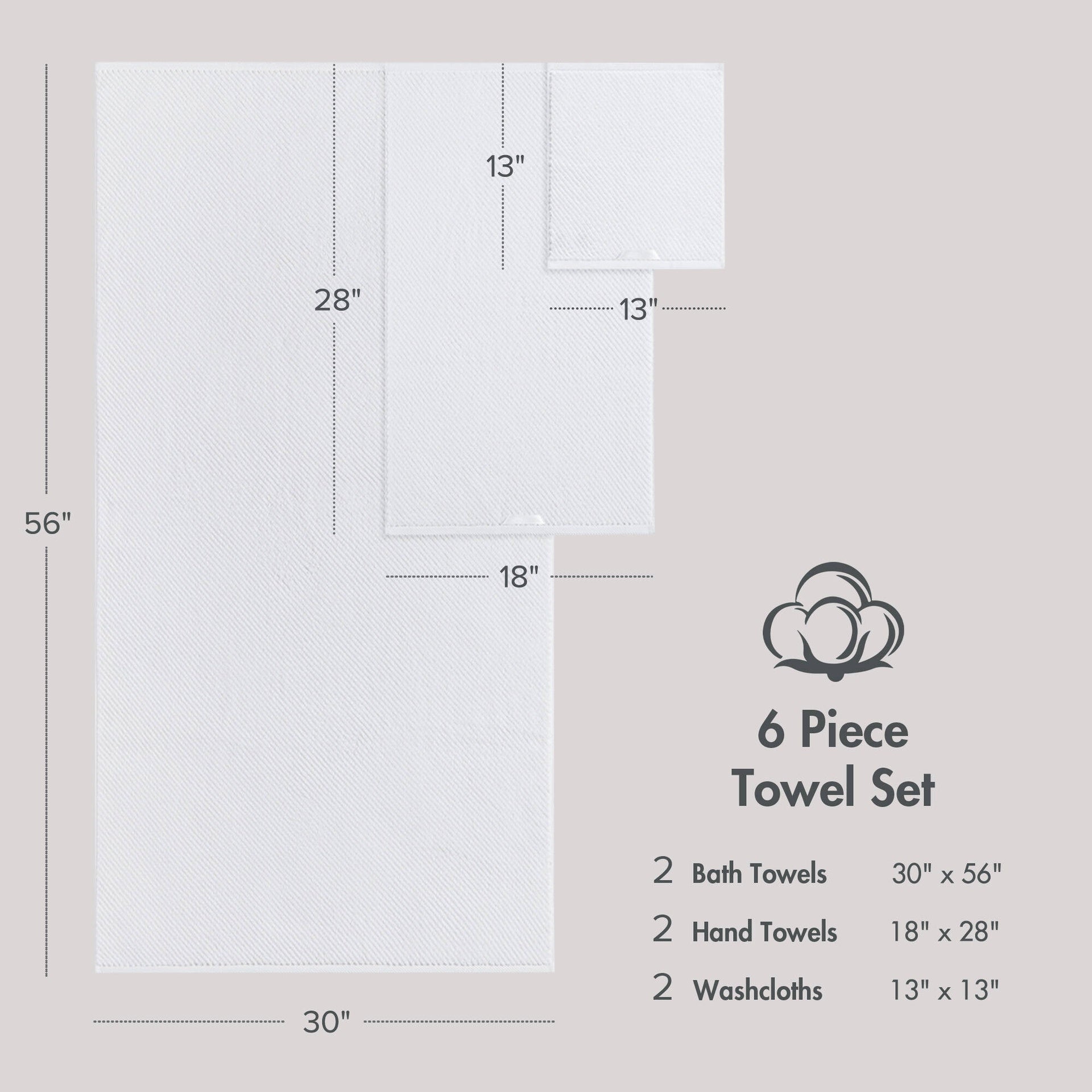 6-Piece 100% Cotton Quick Dry Diagonal Ribbed 6pcs Towel Set, White