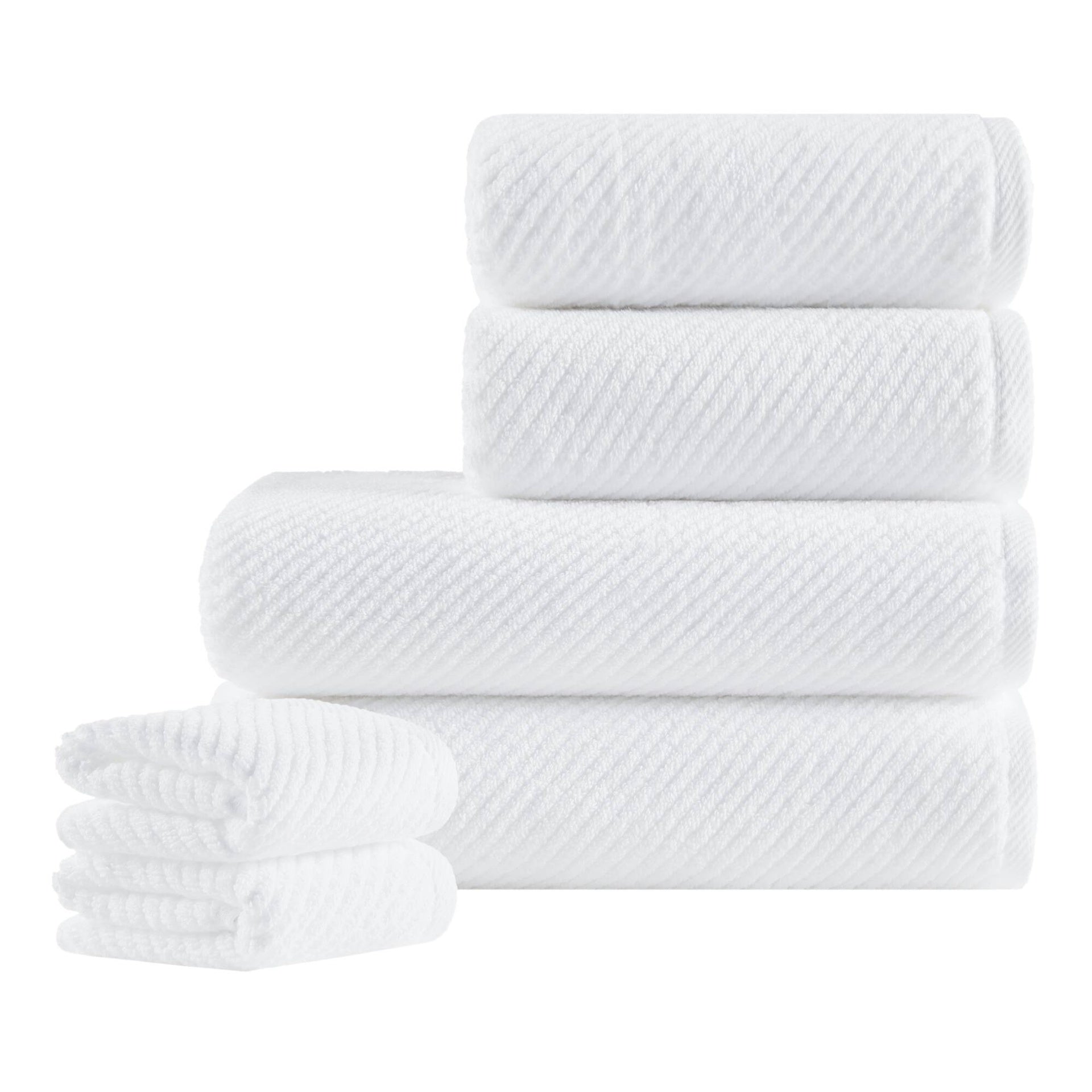 6-Piece 100% Cotton Quick Dry Diagonal Ribbed 6pcs Towel Set, White