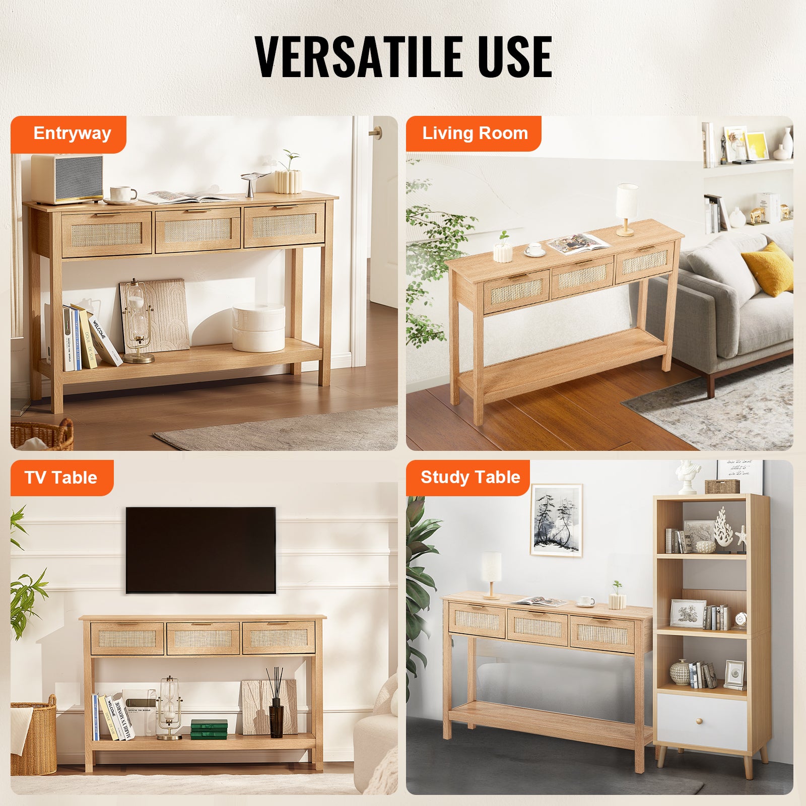 Rattan Console Table with 3 Storage Drawers, Rattan Entryway Table with Natural Rattan Sliding Door, Console Sofa Table for Living Room, Study, Entryway Or TV Wall, Natural