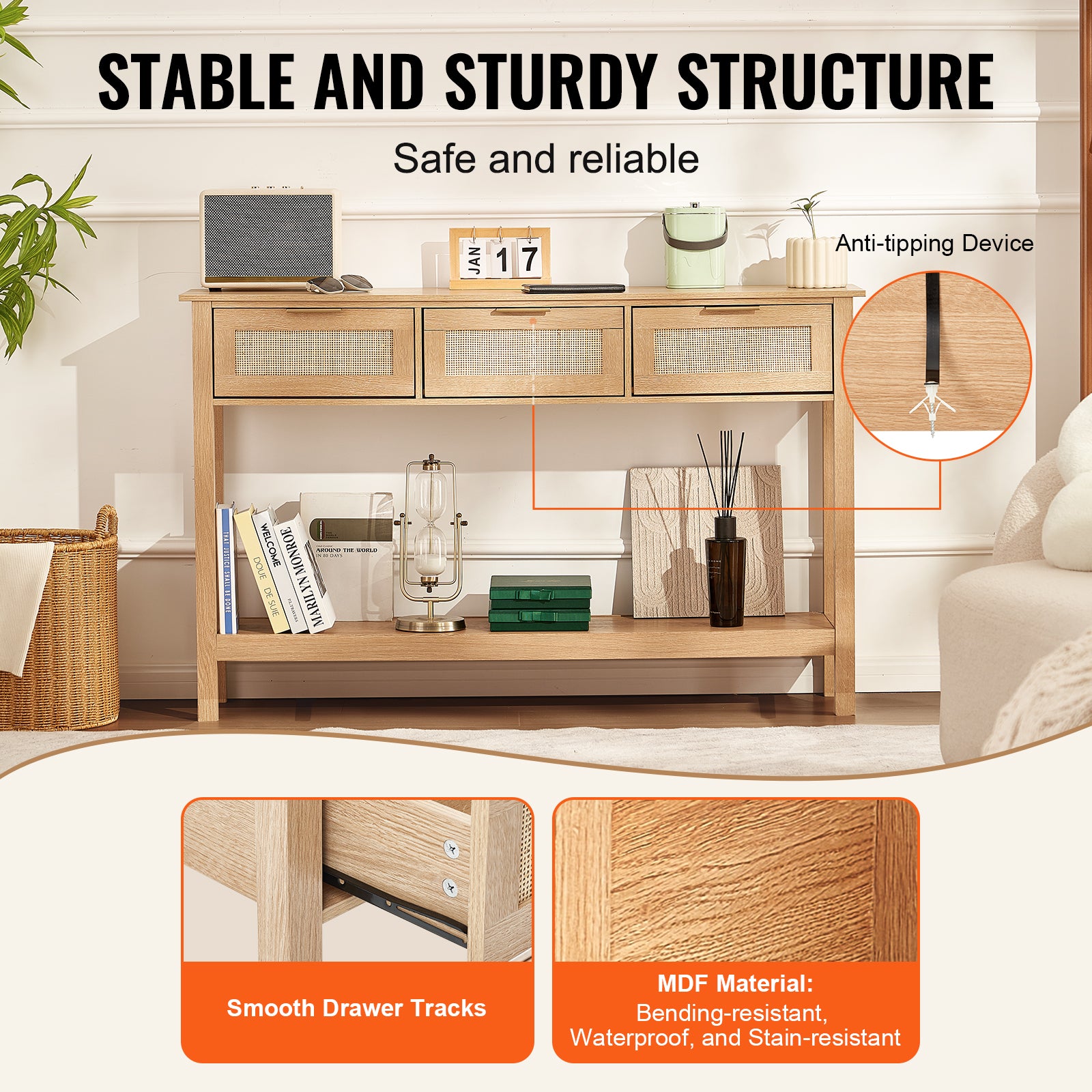 Rattan Console Table with 3 Storage Drawers, Rattan Entryway Table with Natural Rattan Sliding Door, Console Sofa Table for Living Room, Study, Entryway Or TV Wall, Natural
