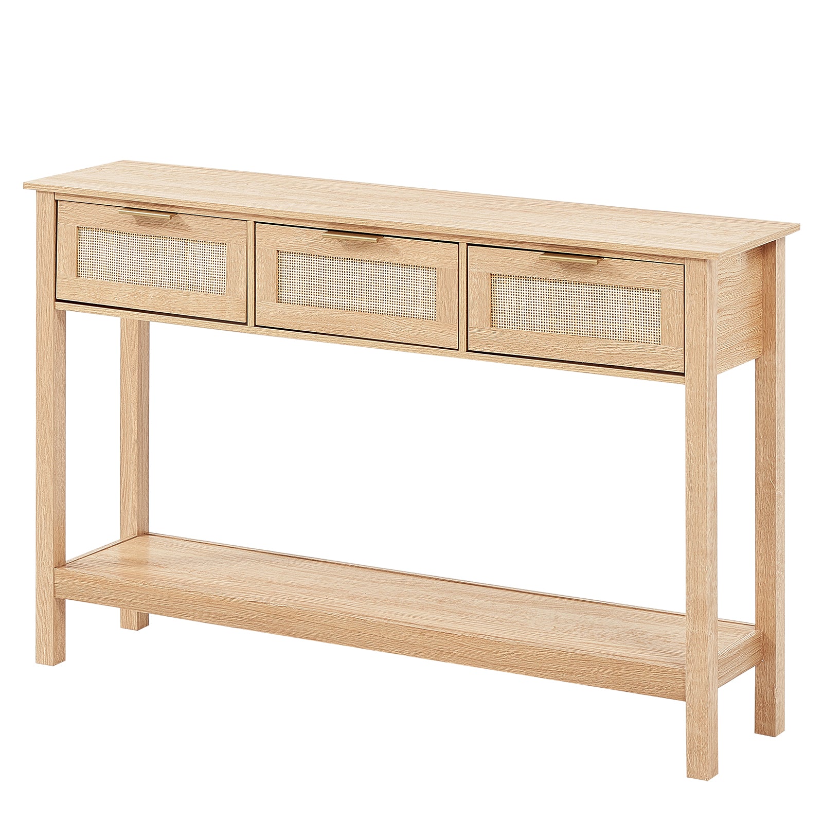 Rattan Console Table with 3 Storage Drawers, Rattan Entryway Table with Natural Rattan Sliding Door, Console Sofa Table for Living Room, Study, Entryway Or TV Wall, Natural