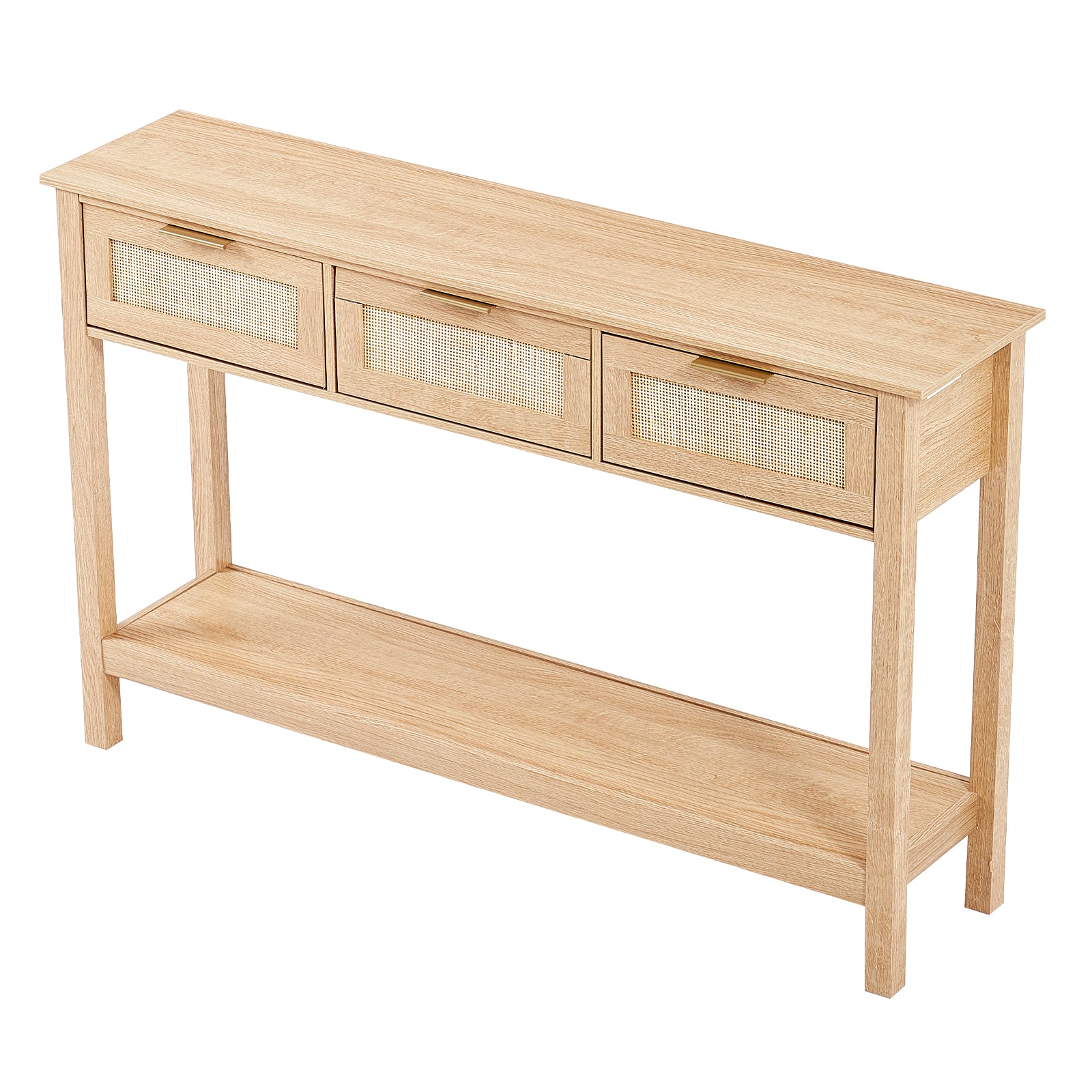 Rattan Console Table with 3 Storage Drawers, Rattan Entryway Table with Natural Rattan Sliding Door, Console Sofa Table for Living Room, Study, Entryway Or TV Wall, Natural