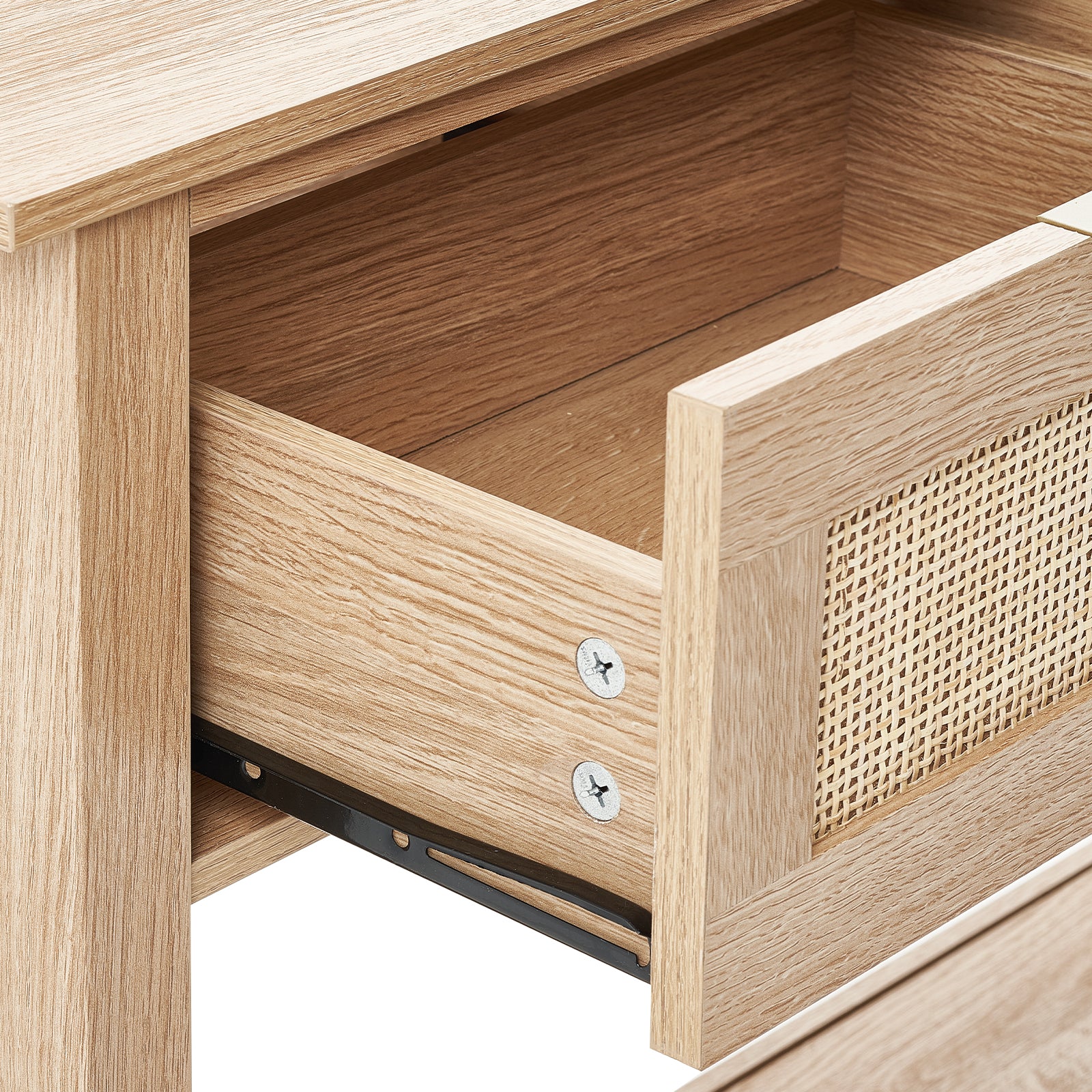 Rattan Console Table with 3 Storage Drawers, Rattan Entryway Table with Natural Rattan Sliding Door, Console Sofa Table for Living Room, Study, Entryway Or TV Wall, Natural