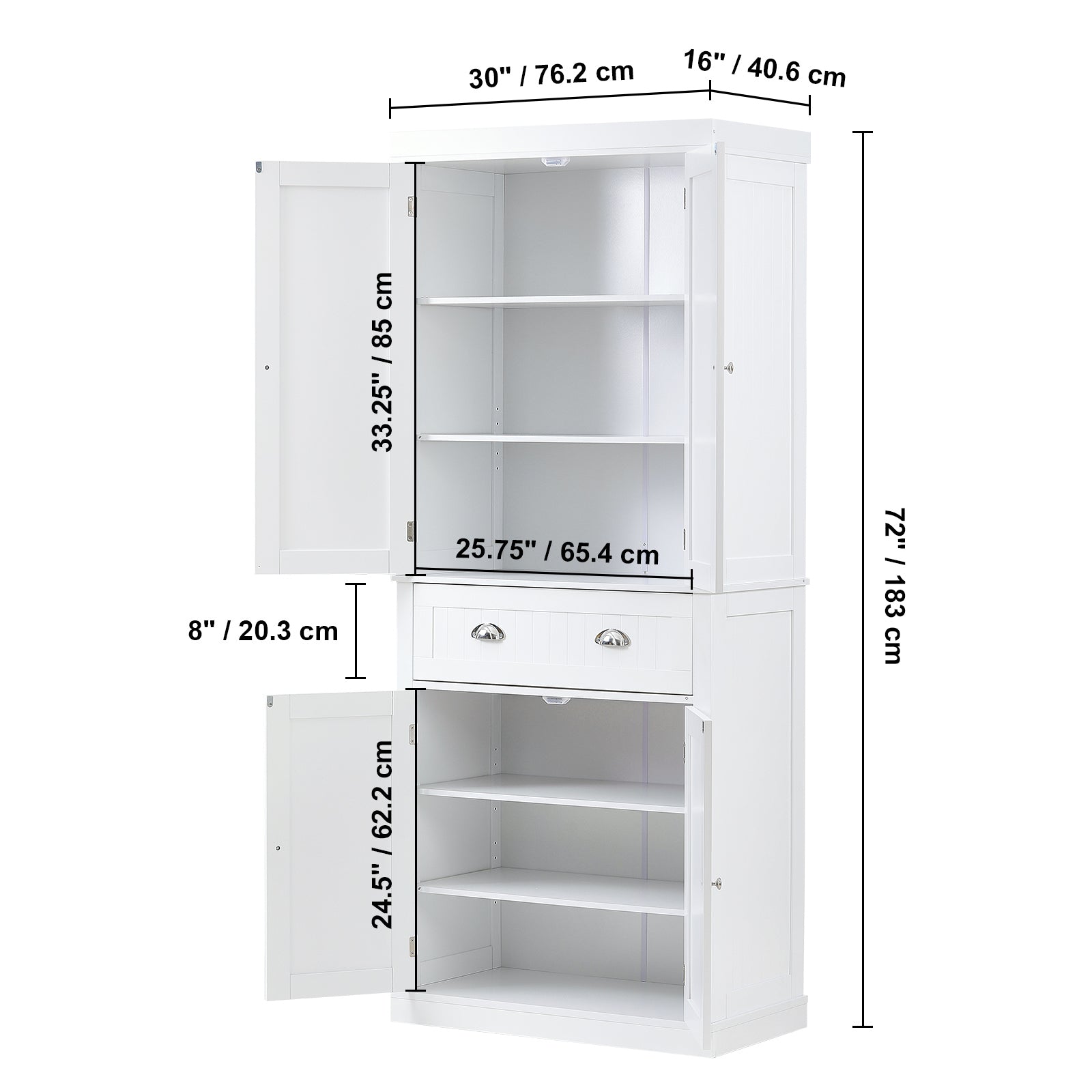72" Kitchen Pantry Storage Cabinet, Freestanding Utility Cabinets with Doors, Drawer and 3 Adjustable Shelves, Tall Food Buffet Pantries for Kitchen, Living Room, Dinning Room, Laundry, White