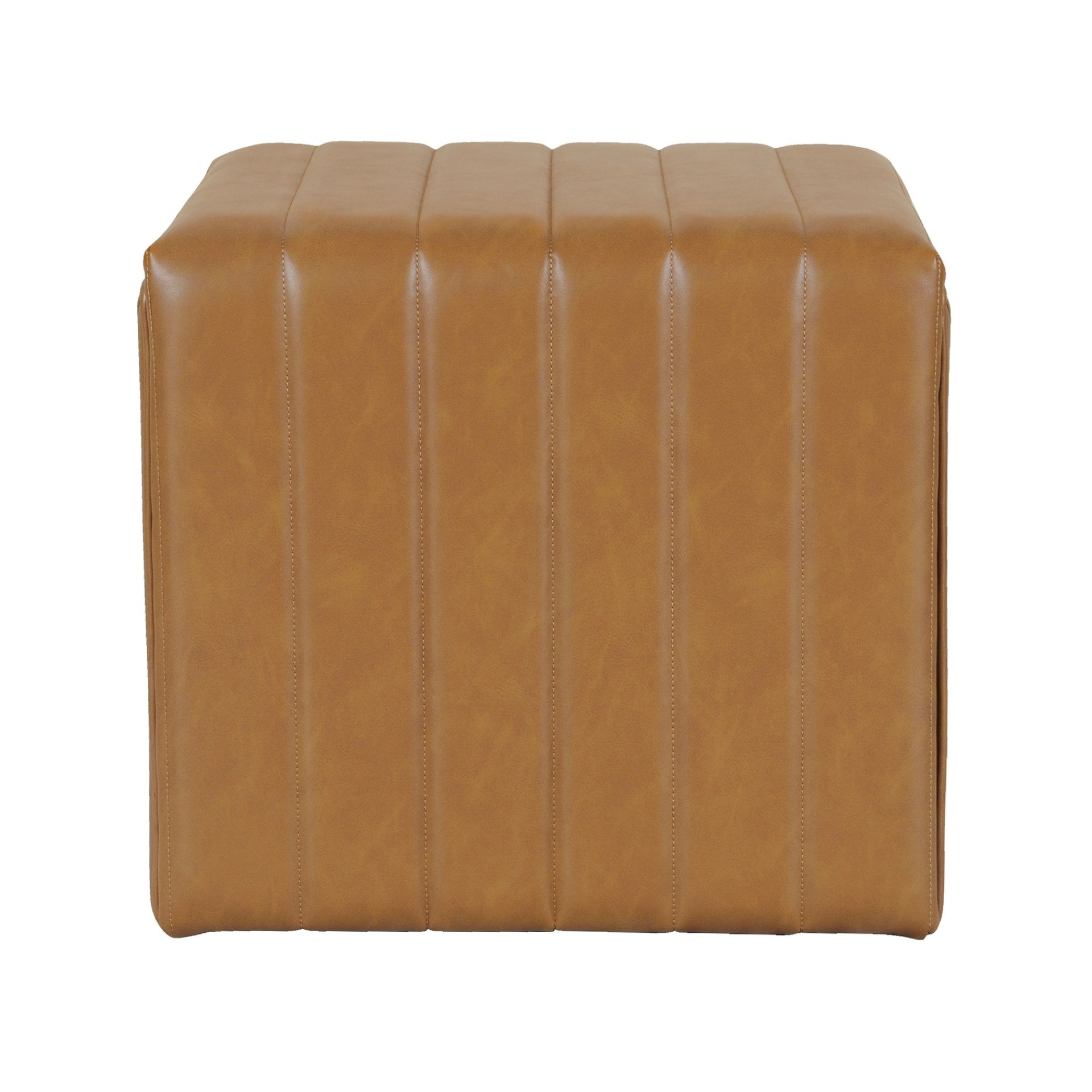 Ada Footstool Ottoman, Channel Tuft Caramel Brown Faux Leather 19 Inch