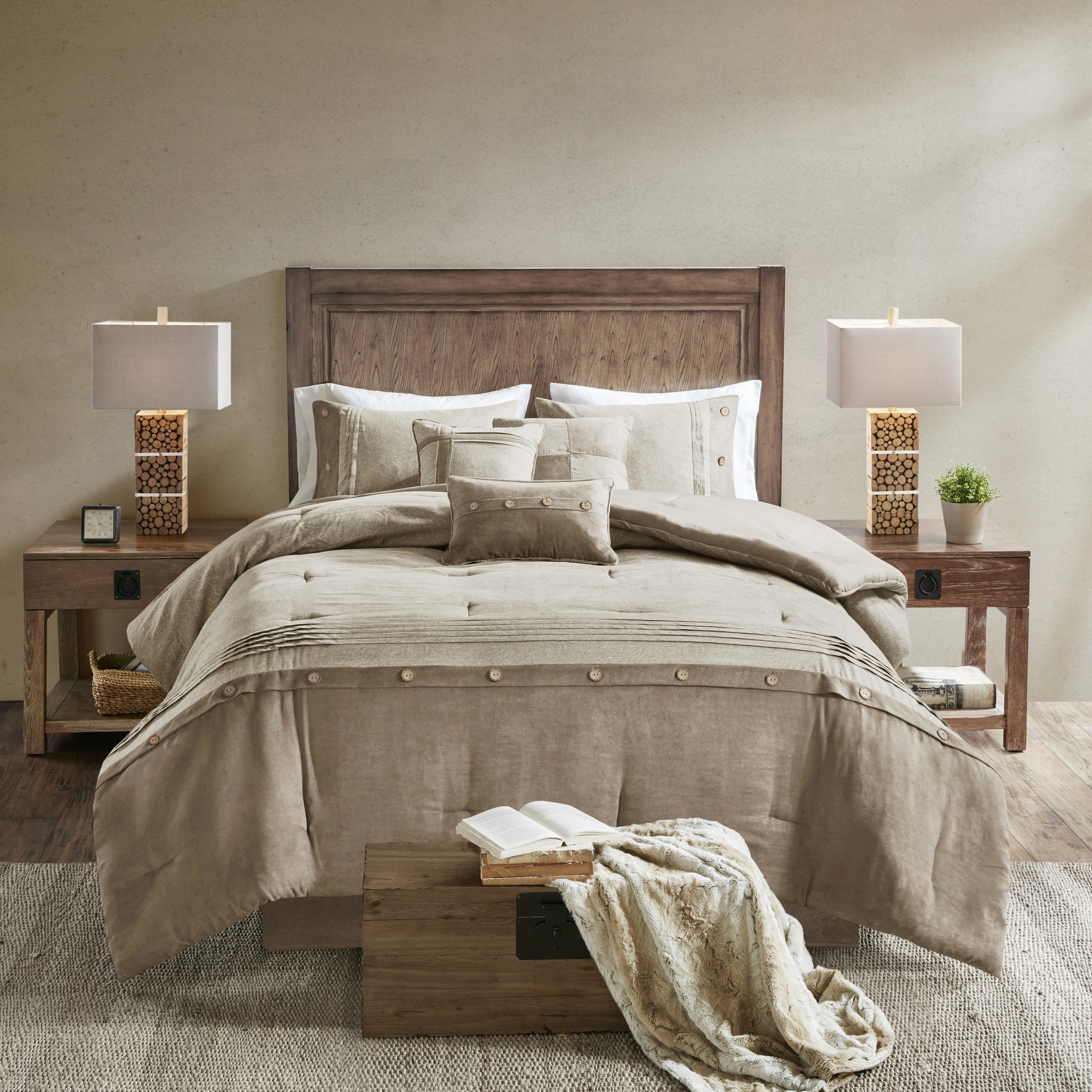 7 Piece Faux Suede Comforter Set Tan King