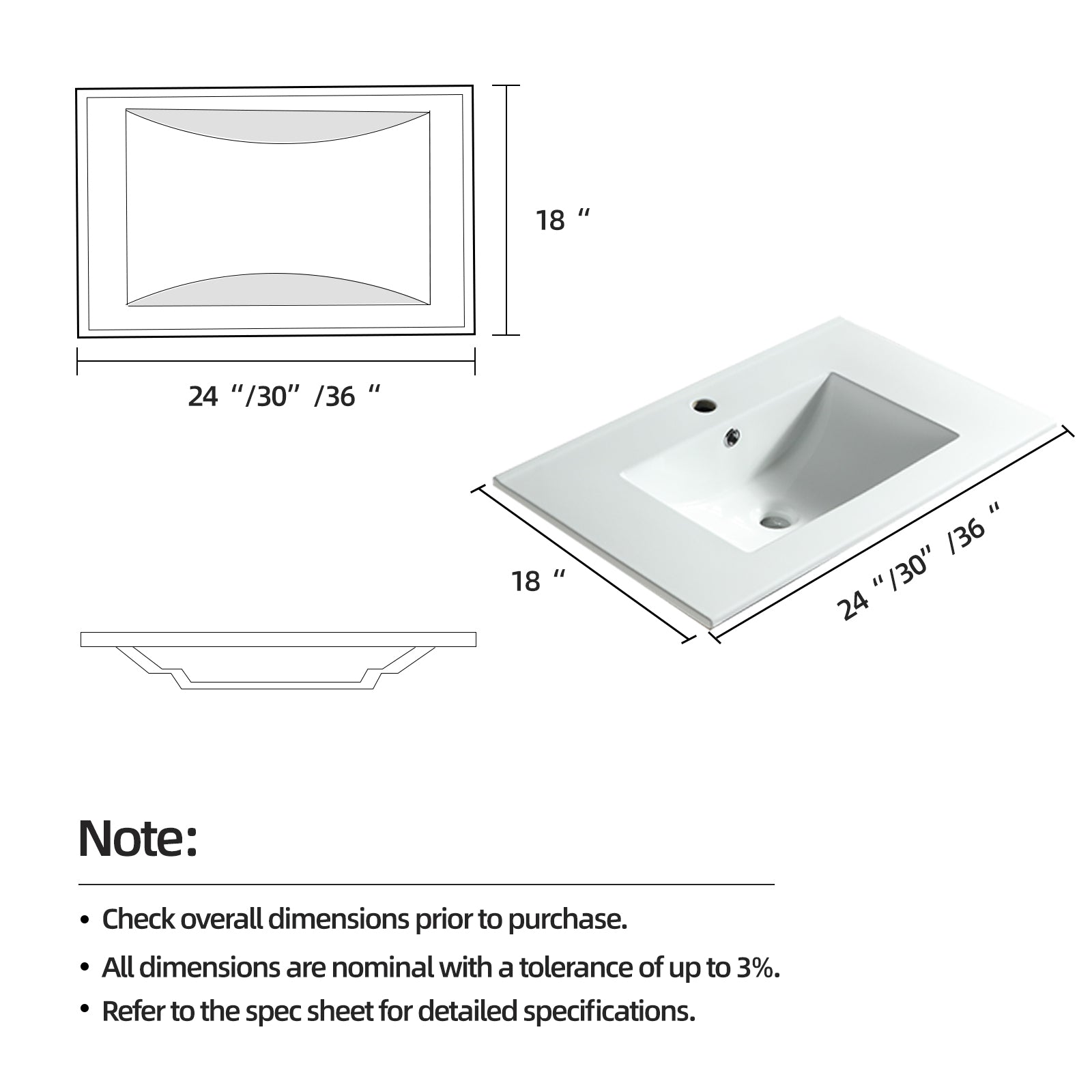 30" Bathroom Vanity Top Only, White Basin,Ceramic