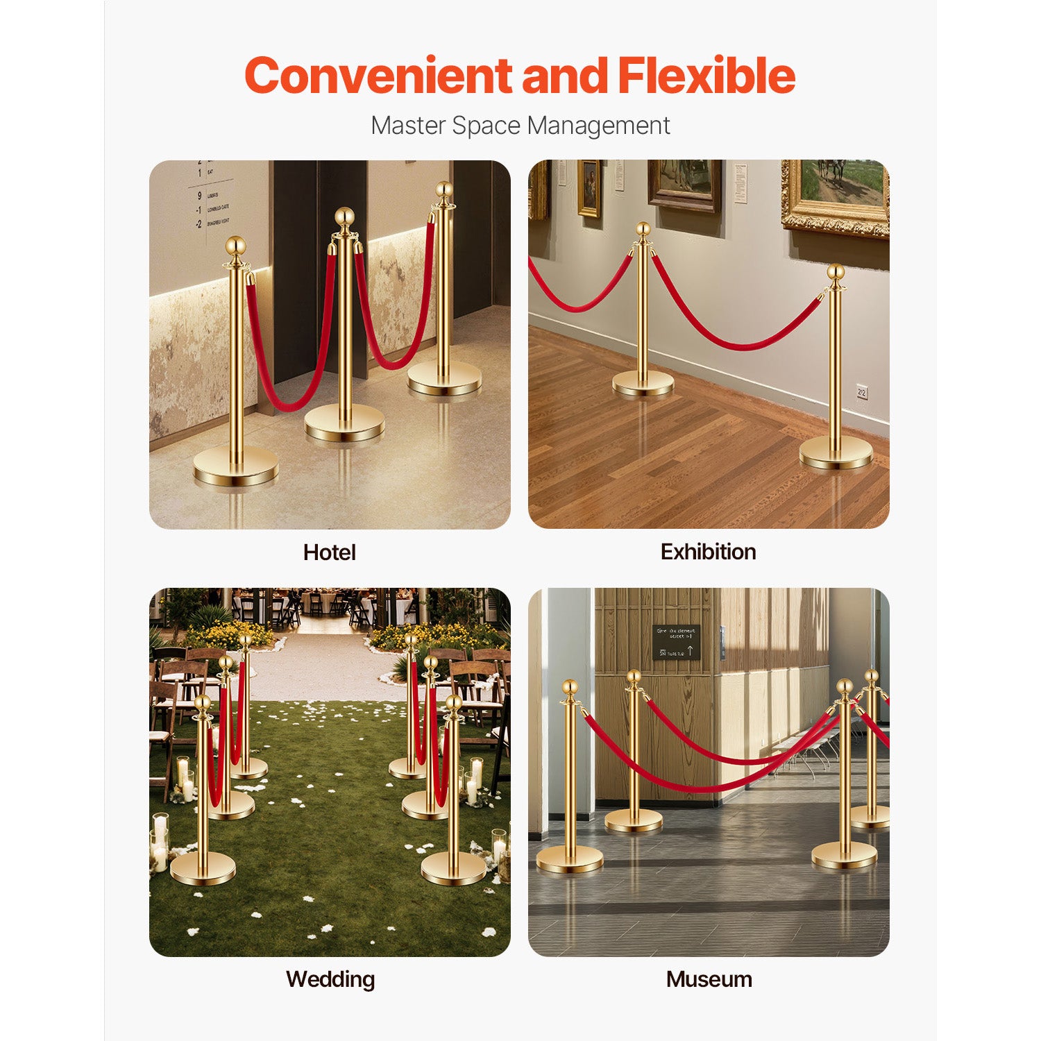 Stanchions and Velvet Ropes 6Pcs, Hollow Base with Stainless Steel Post, 4 Red Velvet Ropes and Posts, Crowd Control Barriers Gold Stanchions, Red Carpet Runner Poles for Party Supplies