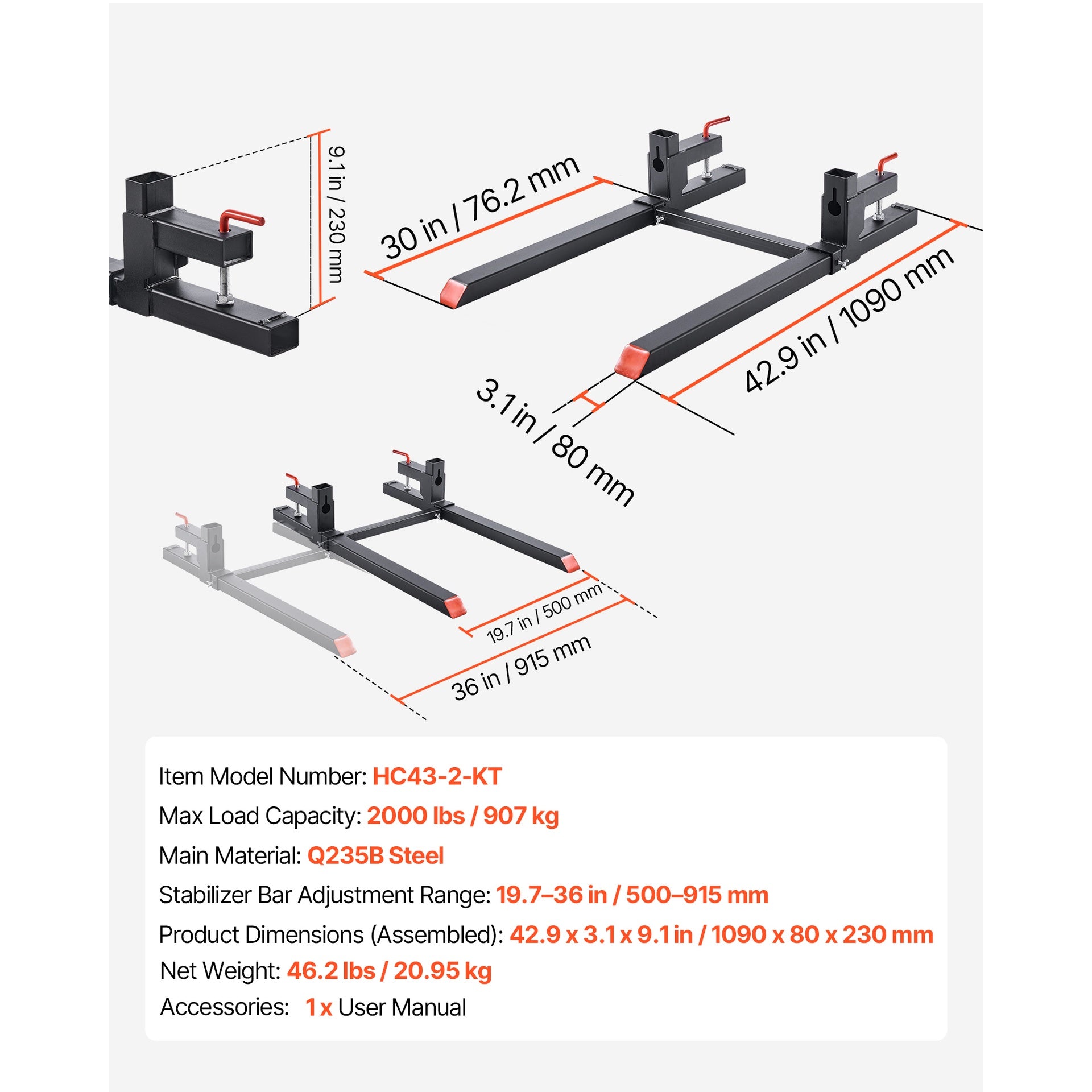 Pallet Forks, 2000 lbs Clamp on Pallet Forks, 43-Inch Total Length Heavy-Duty Tractor Fork with Adjustable Stabilizer Bar for Tractor Attachments, Loader Bucket, and Skid Steer, Black