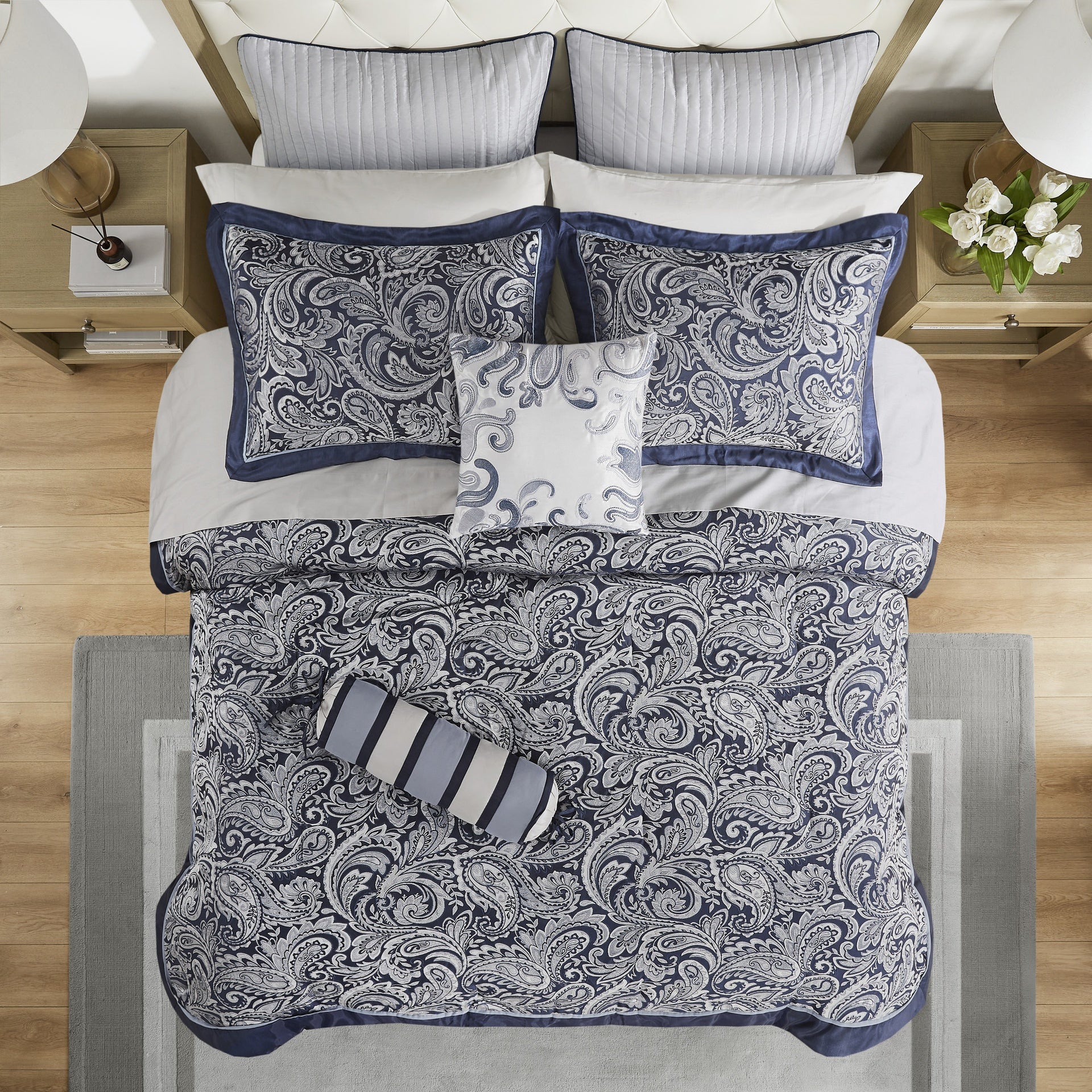 12 Piece Comforter Set with Cotton Bed Sheets Navy King