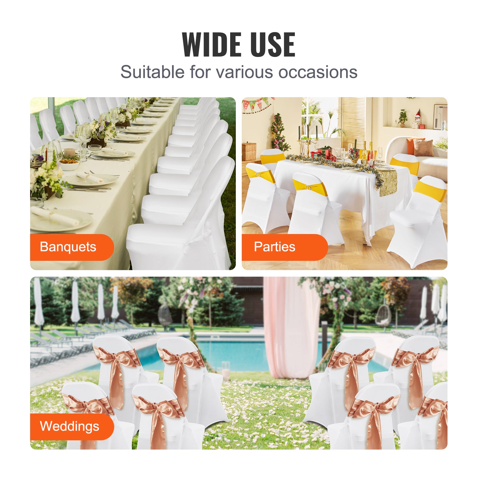 White Stretch Spandex Chair Covers - 12 PCS, Folding Kitchen Chairs Cover, Universal Washable Slipcovers Protector, Removable Chair Seat Covers, for Wedding Party Dining Room Banquet Event