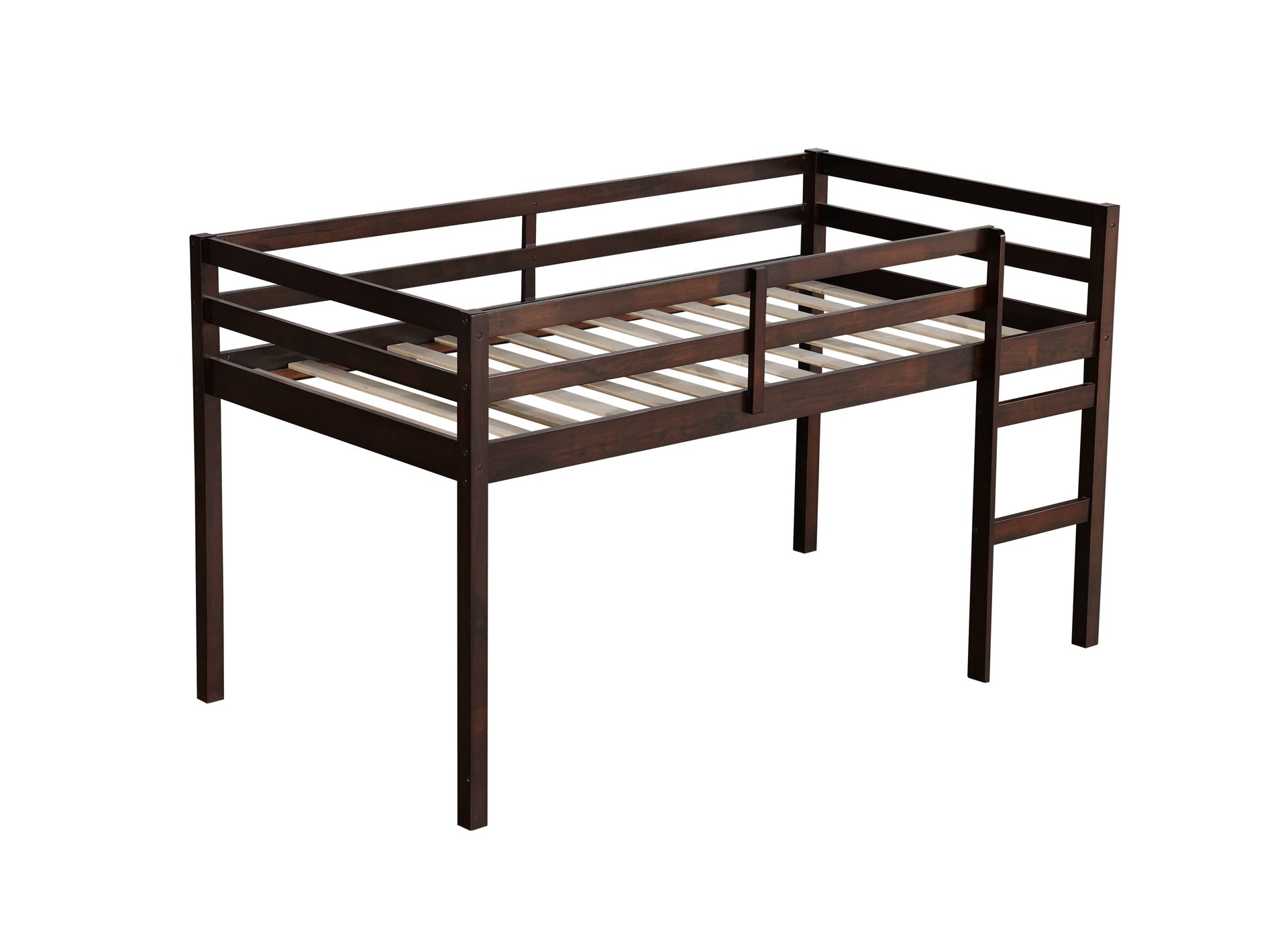 Solid Wooden, Rubber Wooden Twin Loft Bed with Ladder, Bed Platform of Strengthened Slats , Espresso