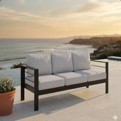 73" All-Weather Aluminum Patio Sofa, 3 Seat Outdoor Couch with Thick Light Gray Cushions & Black Frame