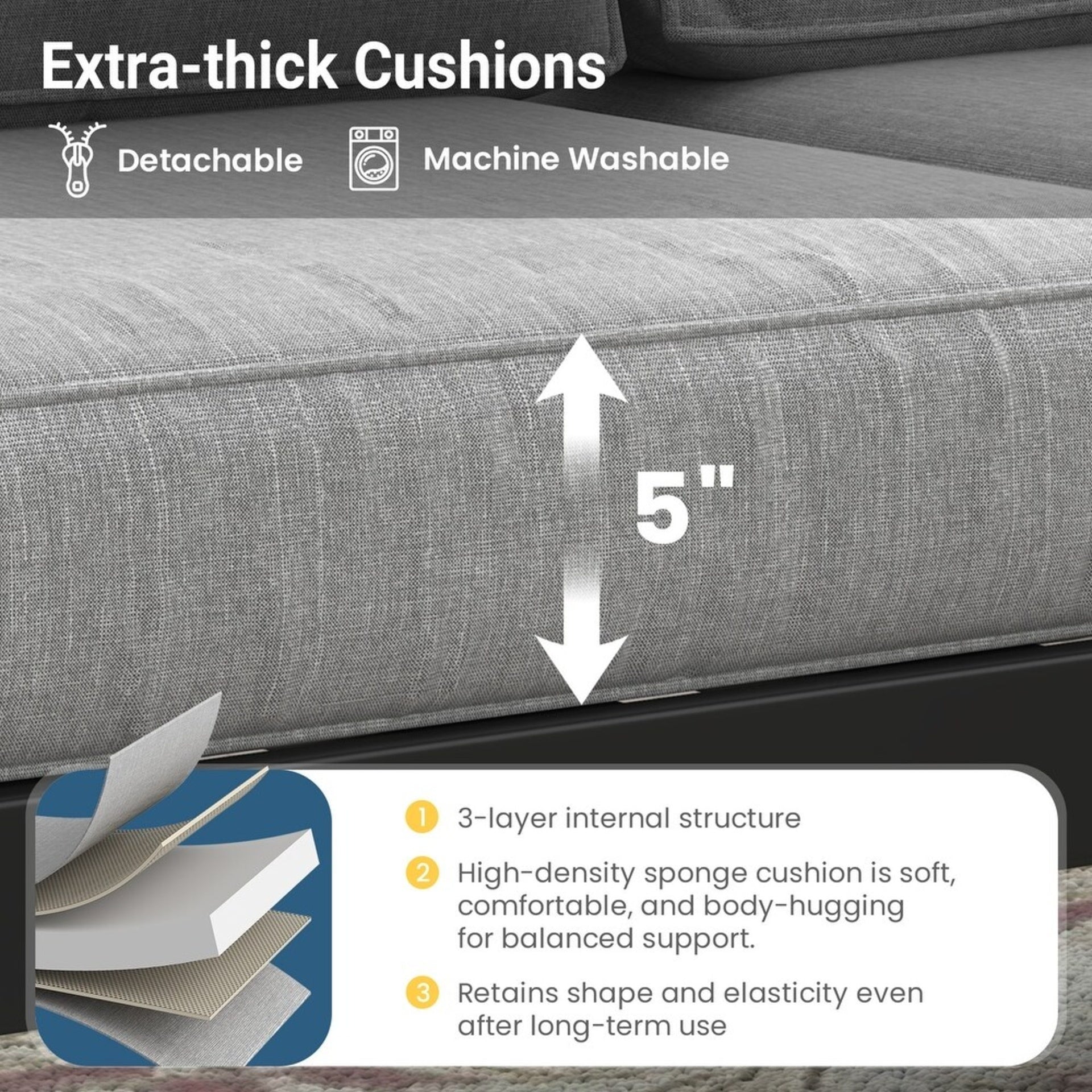73" All-Weather Aluminum Patio Sofa, 3 Seat Outdoor Couch with Thick Light Gray Cushions & Black Frame
