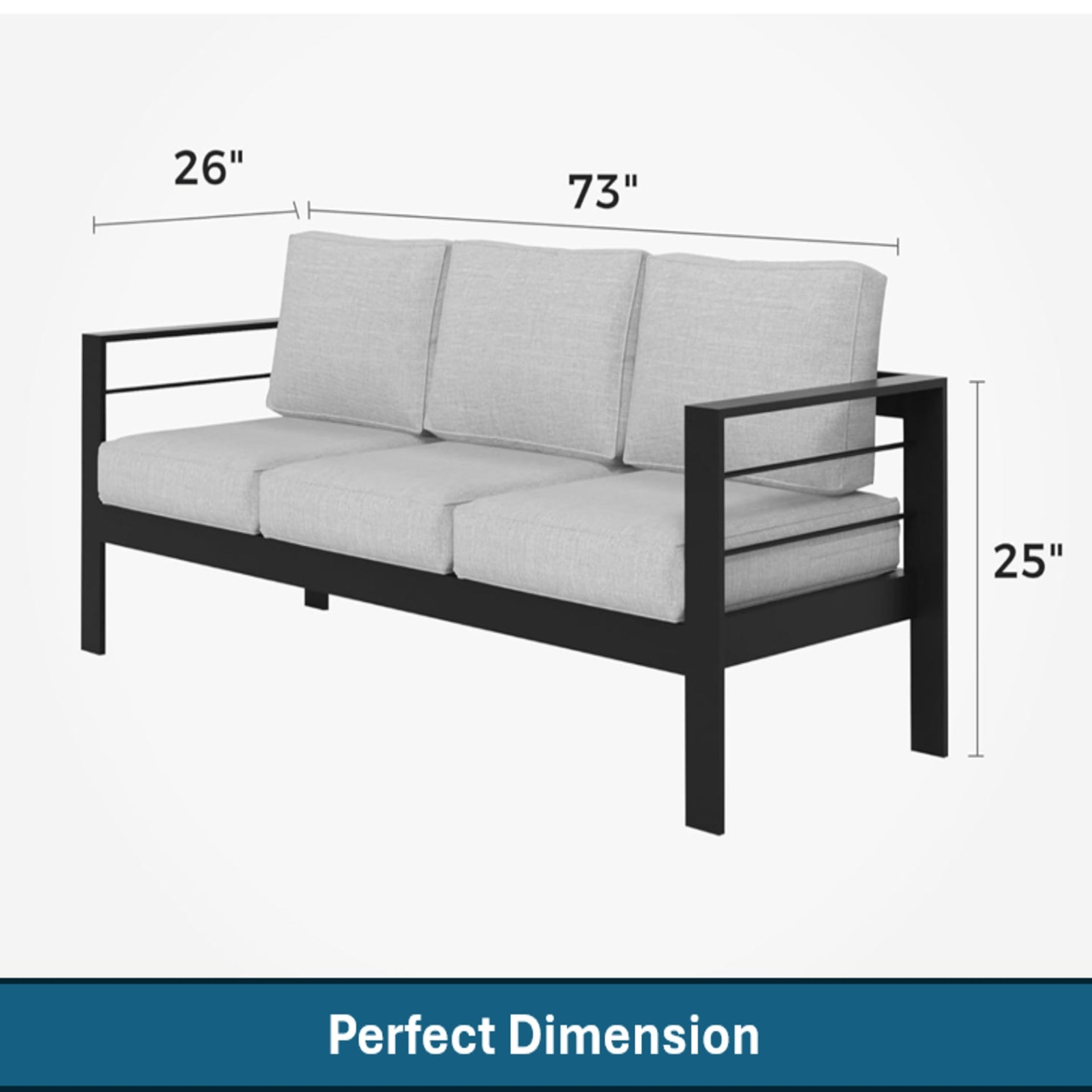73" All-Weather Aluminum Patio Sofa, 3 Seat Outdoor Couch with Thick Light Gray Cushions & Black Frame