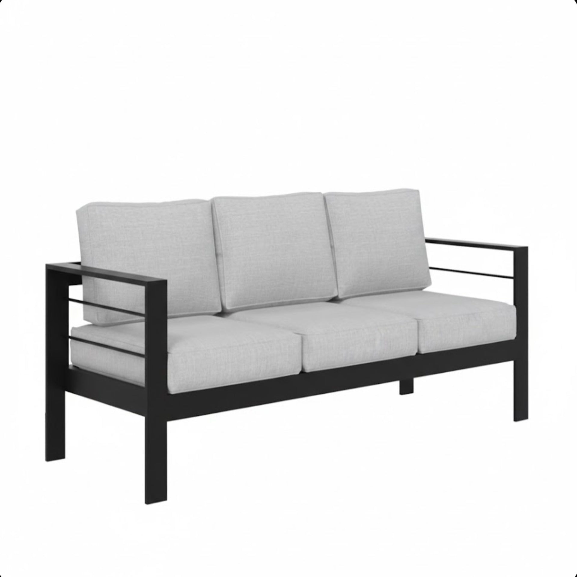 73" All-Weather Aluminum Patio Sofa, 3 Seat Outdoor Couch with Thick Light Gray Cushions & Black Frame