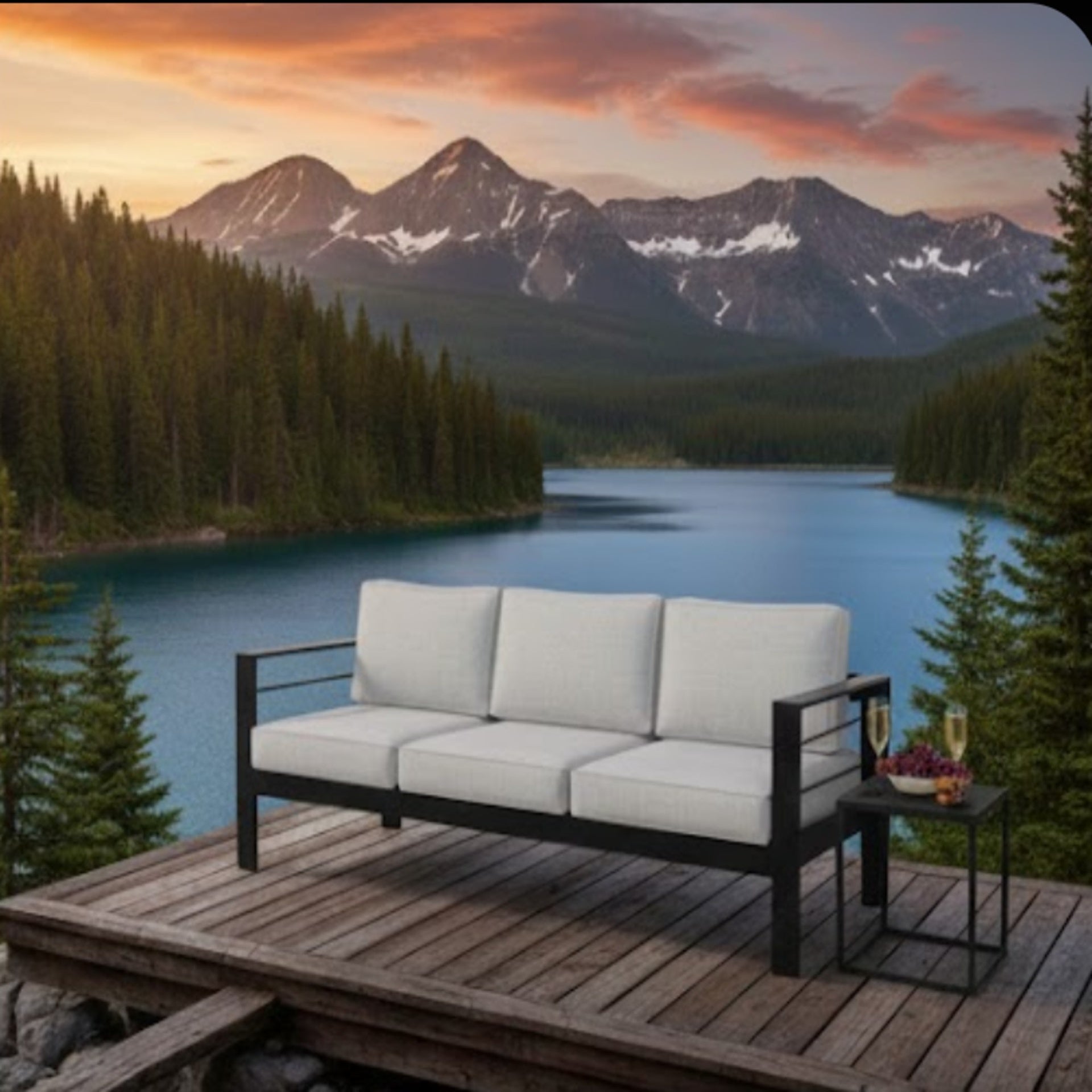 73" All-Weather Aluminum Patio Sofa, 3 Seat Outdoor Couch with Thick Light Gray Cushions & Black Frame