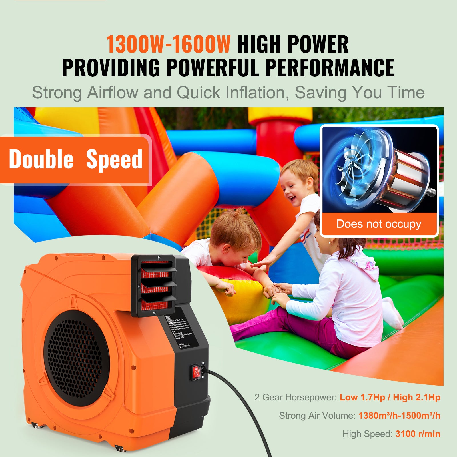 Inflatable Blower, 1500W, 2 & 2.1 HP Bounce House Blower, Pump Commercial Air Blower for Inflatables, 3100 RPM Bouncy Castle Electric Fan Perfect for Bounce House, Tested to UL Standards