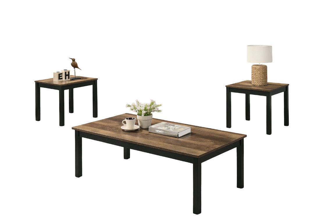 Contemporary Style 3pc Table Set 1x Coffee Table 2x End Table Faux Marble Top Wooden Legs Brown Finish Primary Living Room