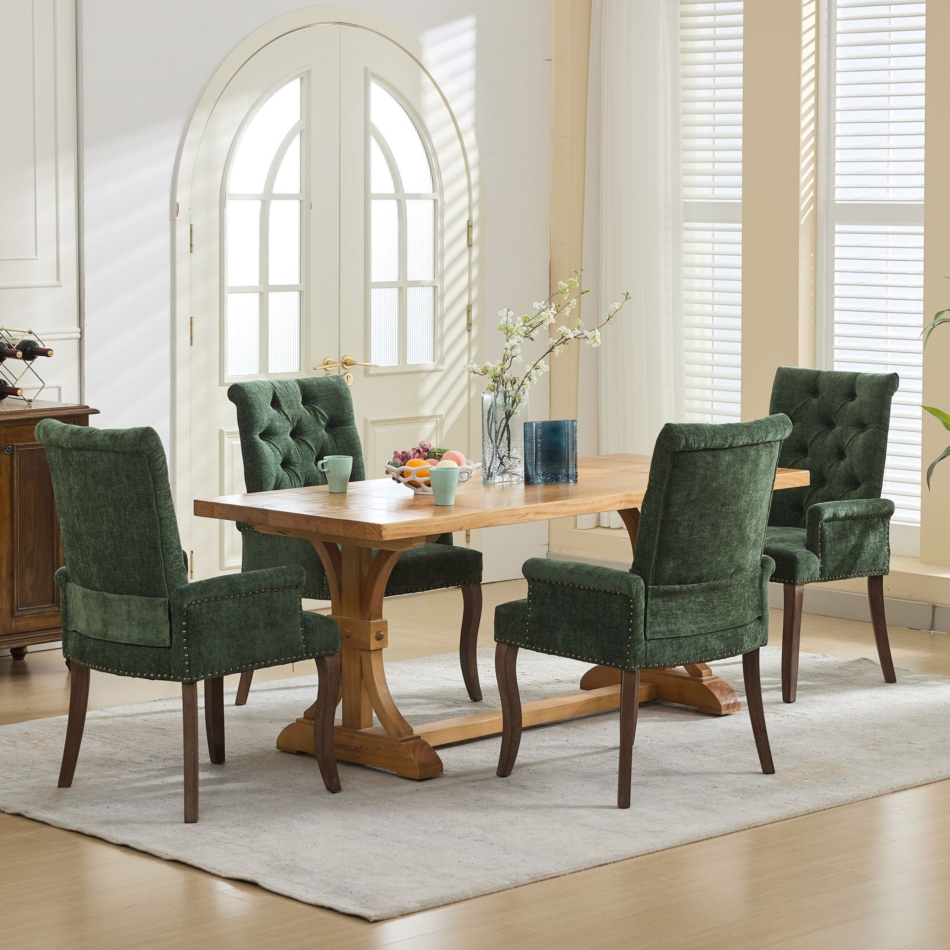 Upholstered Chenille Fabric Accent Dining Chair, Curved Solid Wood Legs, Elegant Tufted Club Dining Room Kitchen Room Arm Dining Chair, Single Pack,Olive Green,SW1895OL