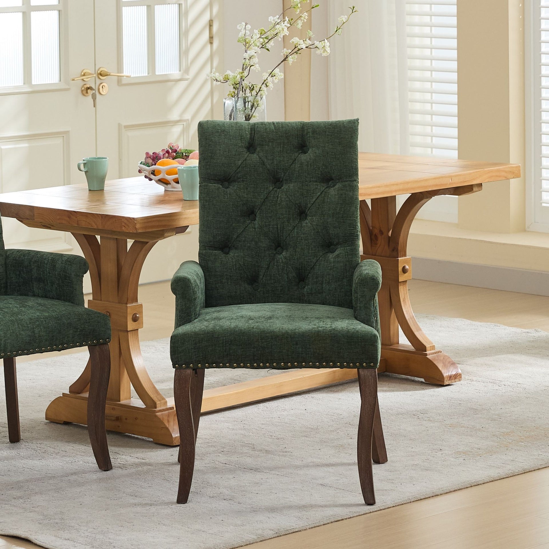 Upholstered Chenille Fabric Accent Dining Chair, Curved Solid Wood Legs, Elegant Tufted Club Dining Room Kitchen Room Arm Dining Chair, Single Pack,Olive Green,SW1895OL