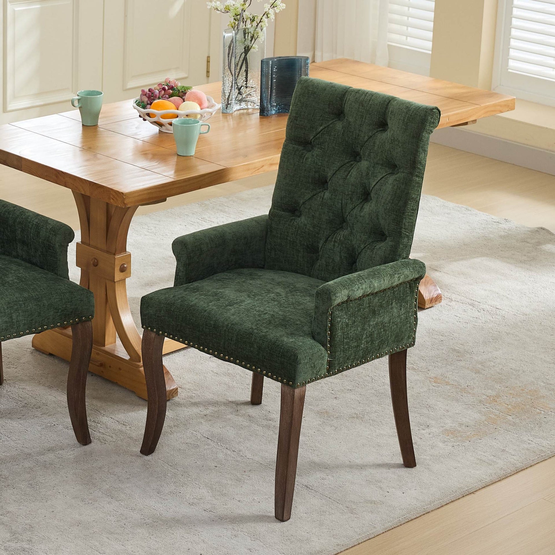 Upholstered Chenille Fabric Accent Dining Chair, Curved Solid Wood Legs, Elegant Tufted Club Dining Room Kitchen Room Arm Dining Chair, Single Pack,Olive Green,SW1895OL