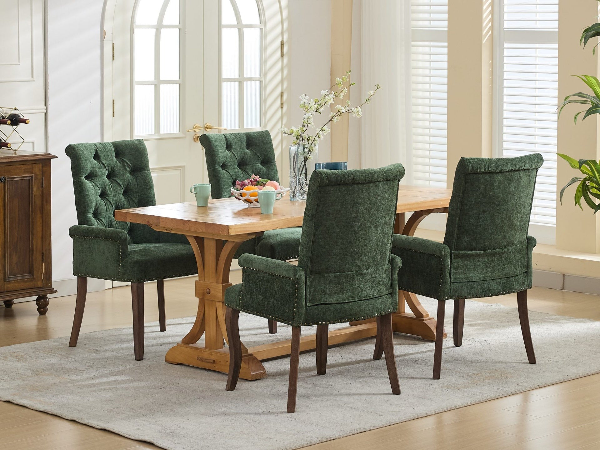 Upholstered Chenille Fabric Accent Dining Chair, Curved Solid Wood Legs, Elegant Tufted Club Dining Room Kitchen Room Arm Dining Chair, Single Pack,Olive Green,SW1895OL