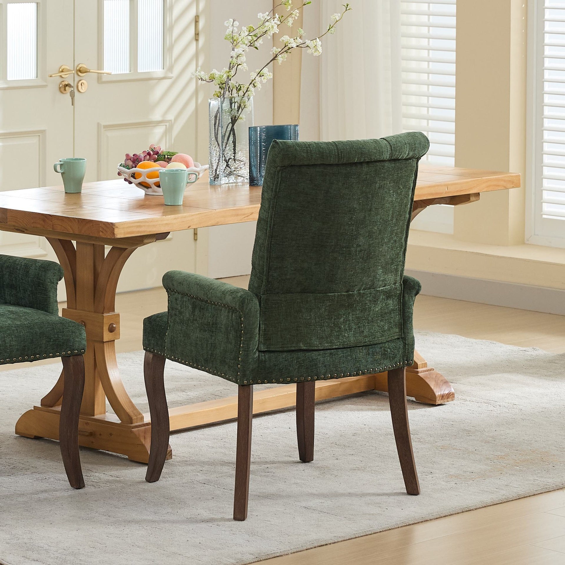 Upholstered Chenille Fabric Accent Dining Chair, Curved Solid Wood Legs, Elegant Tufted Club Dining Room Kitchen Room Arm Dining Chair, Single Pack,Olive Green,SW1895OL