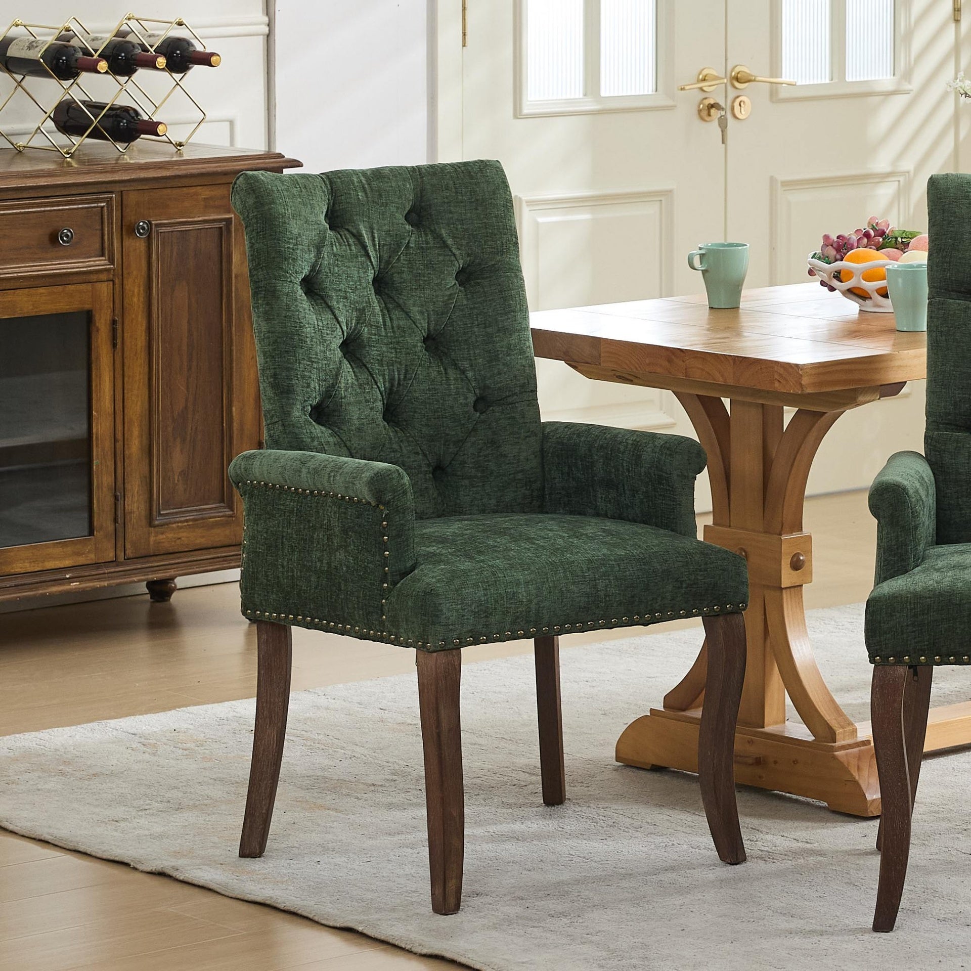 Upholstered Chenille Fabric Accent Dining Chair, Curved Solid Wood Legs, Elegant Tufted Club Dining Room Kitchen Room Arm Dining Chair, Single Pack,Olive Green,SW1895OL