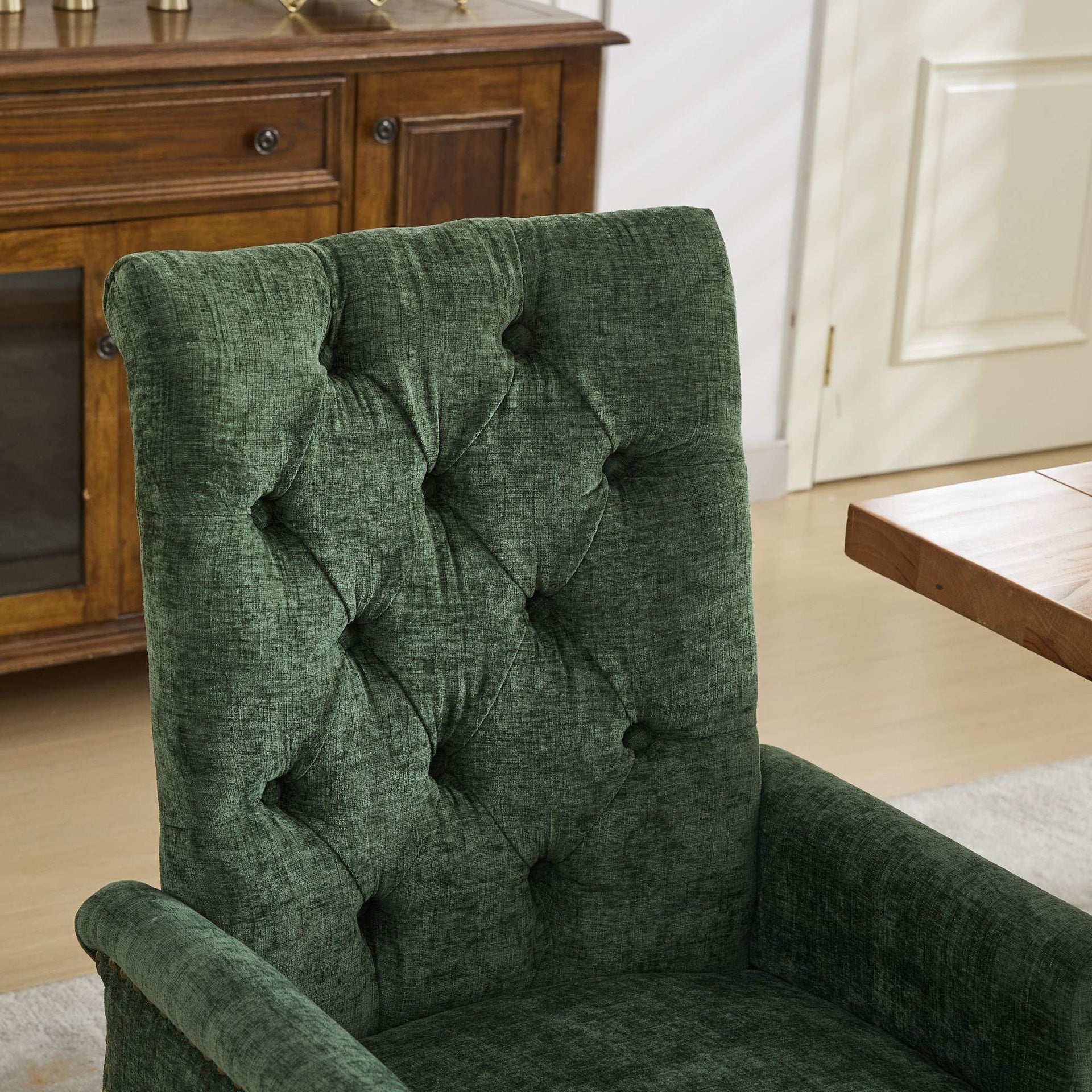 Upholstered Chenille Fabric Accent Dining Chair, Curved Solid Wood Legs, Elegant Tufted Club Dining Room Kitchen Room Arm Dining Chair, Single Pack,Olive Green,SW1895OL