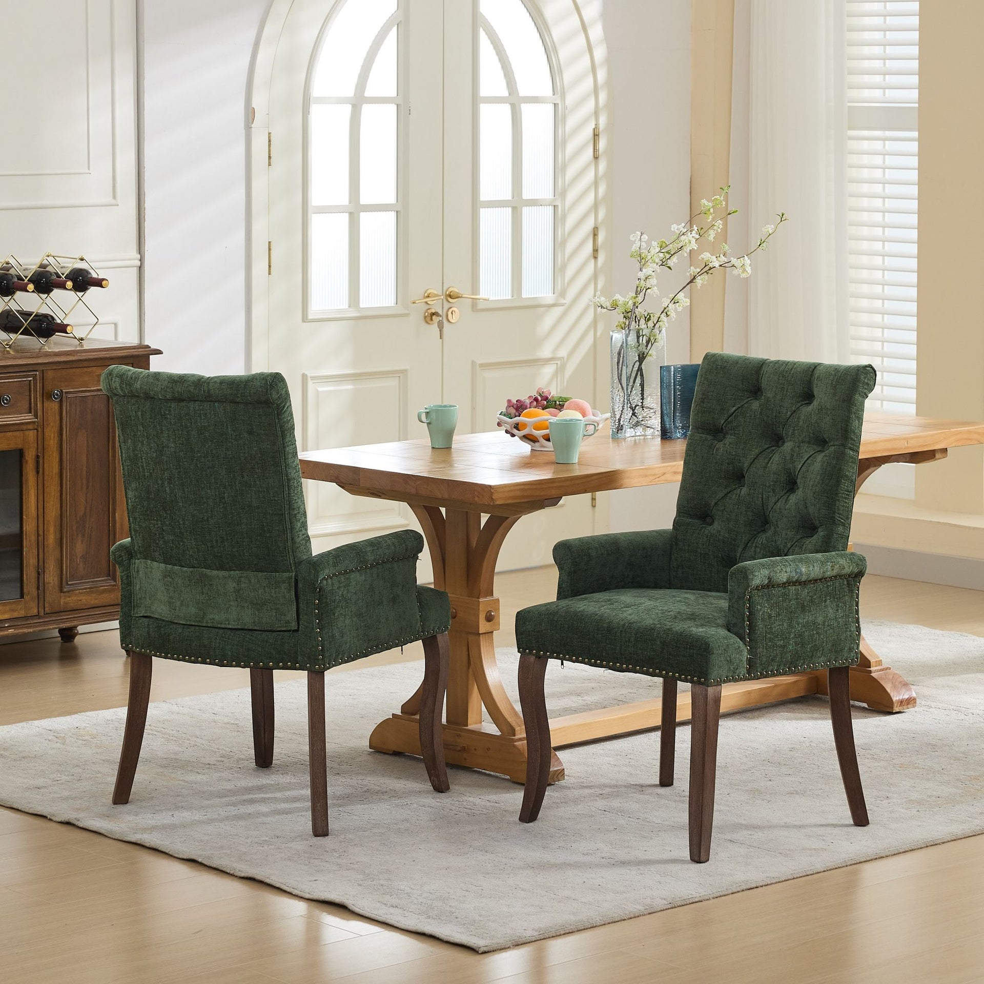 Upholstered Chenille Fabric Accent Dining Chair, Curved Solid Wood Legs, Elegant Tufted Club Dining Room Kitchen Room Arm Dining Chair, Single Pack,Olive Green,SW1895OL
