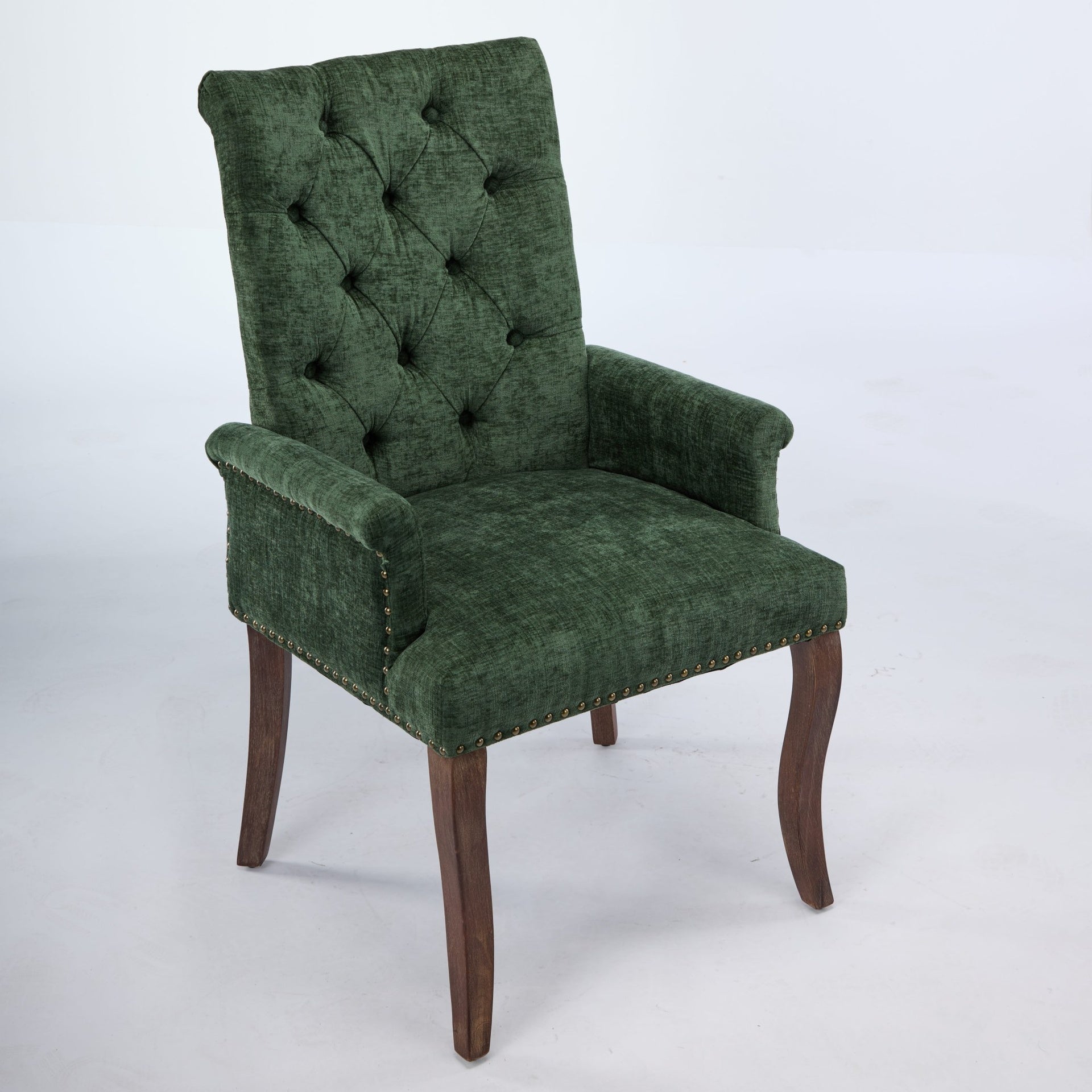 Upholstered Chenille Fabric Accent Dining Chair, Curved Solid Wood Legs, Elegant Tufted Club Dining Room Kitchen Room Arm Dining Chair, Single Pack,Olive Green,SW1895OL