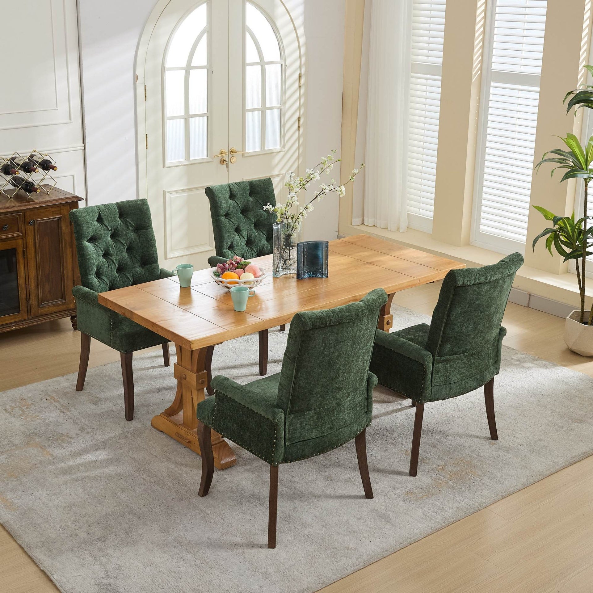 Upholstered Chenille Fabric Accent Dining Chair, Curved Solid Wood Legs, Elegant Tufted Club Dining Room Kitchen Room Arm Dining Chair, Single Pack,Olive Green,SW1895OL