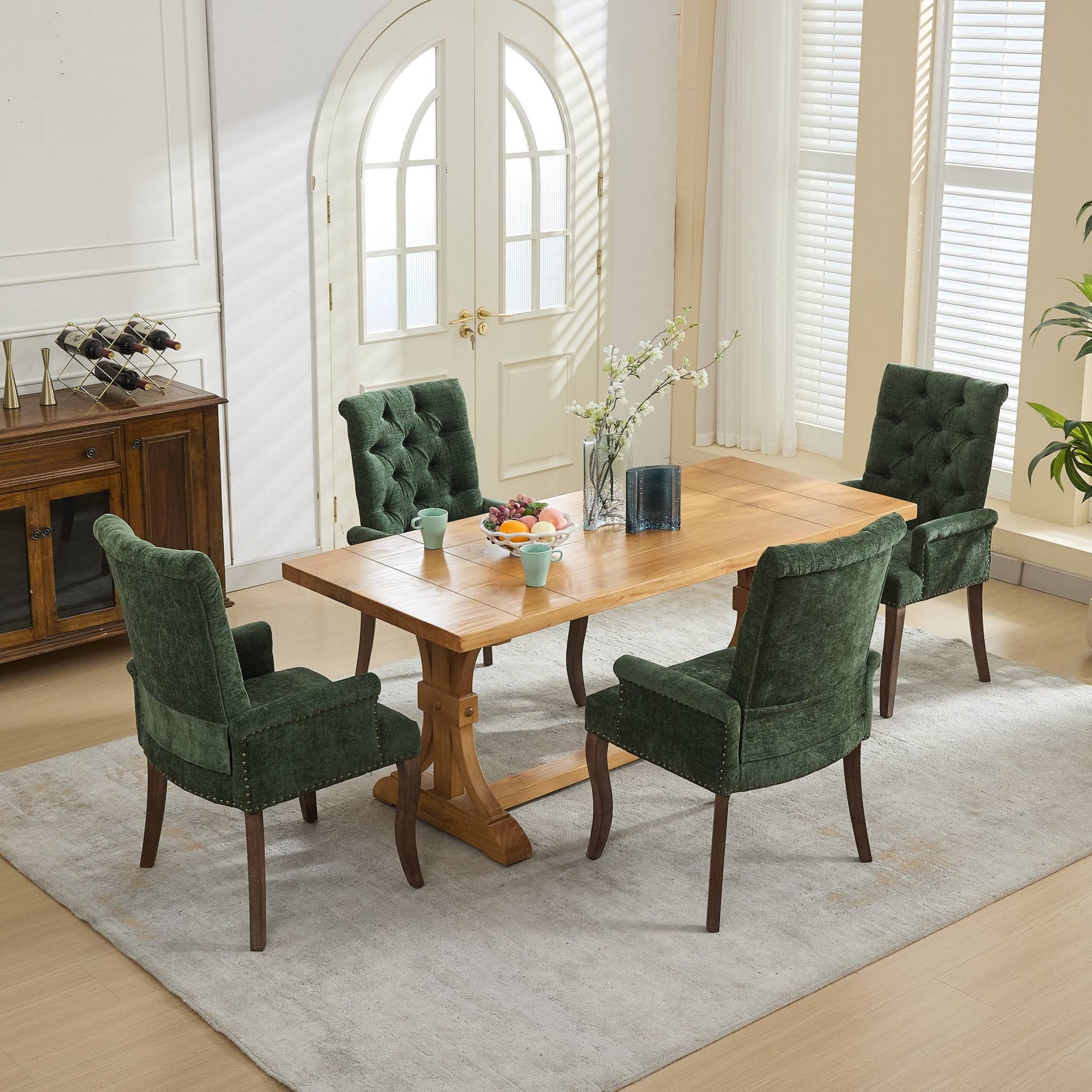 Upholstered Chenille Fabric Accent Dining Chair, Curved Solid Wood Legs, Elegant Tufted Club Dining Room Kitchen Room Arm Dining Chair, Single Pack,Olive Green,SW1895OL