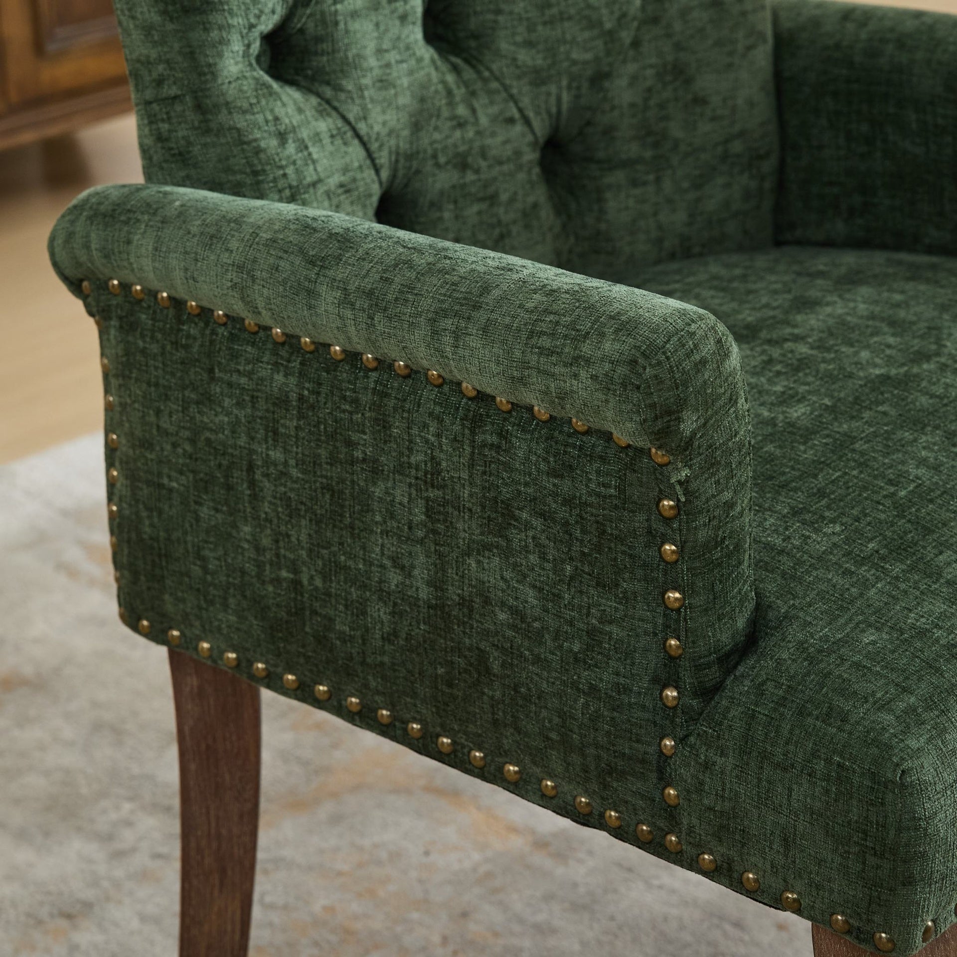 Upholstered Chenille Fabric Accent Dining Chair, Curved Solid Wood Legs, Elegant Tufted Club Dining Room Kitchen Room Arm Dining Chair, Single Pack,Olive Green,SW1895OL
