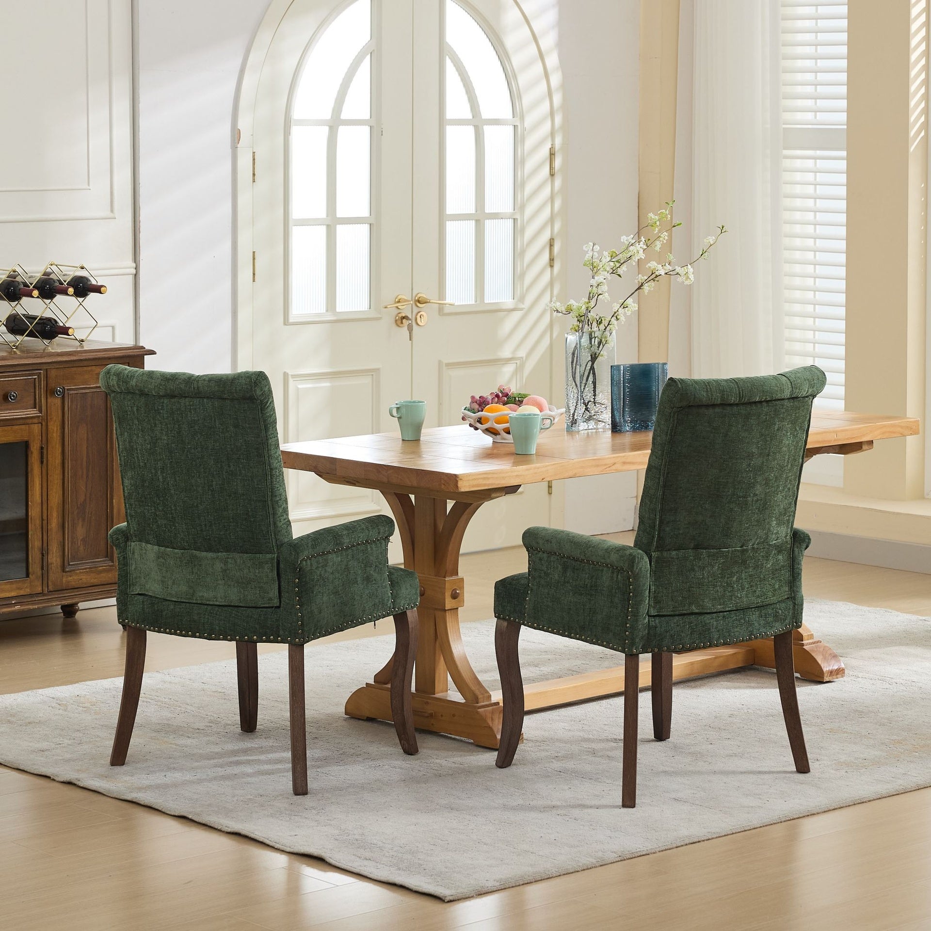 Upholstered Chenille Fabric Accent Dining Chair, Curved Solid Wood Legs, Elegant Tufted Club Dining Room Kitchen Room Arm Dining Chair, Single Pack,Olive Green,SW1895OL