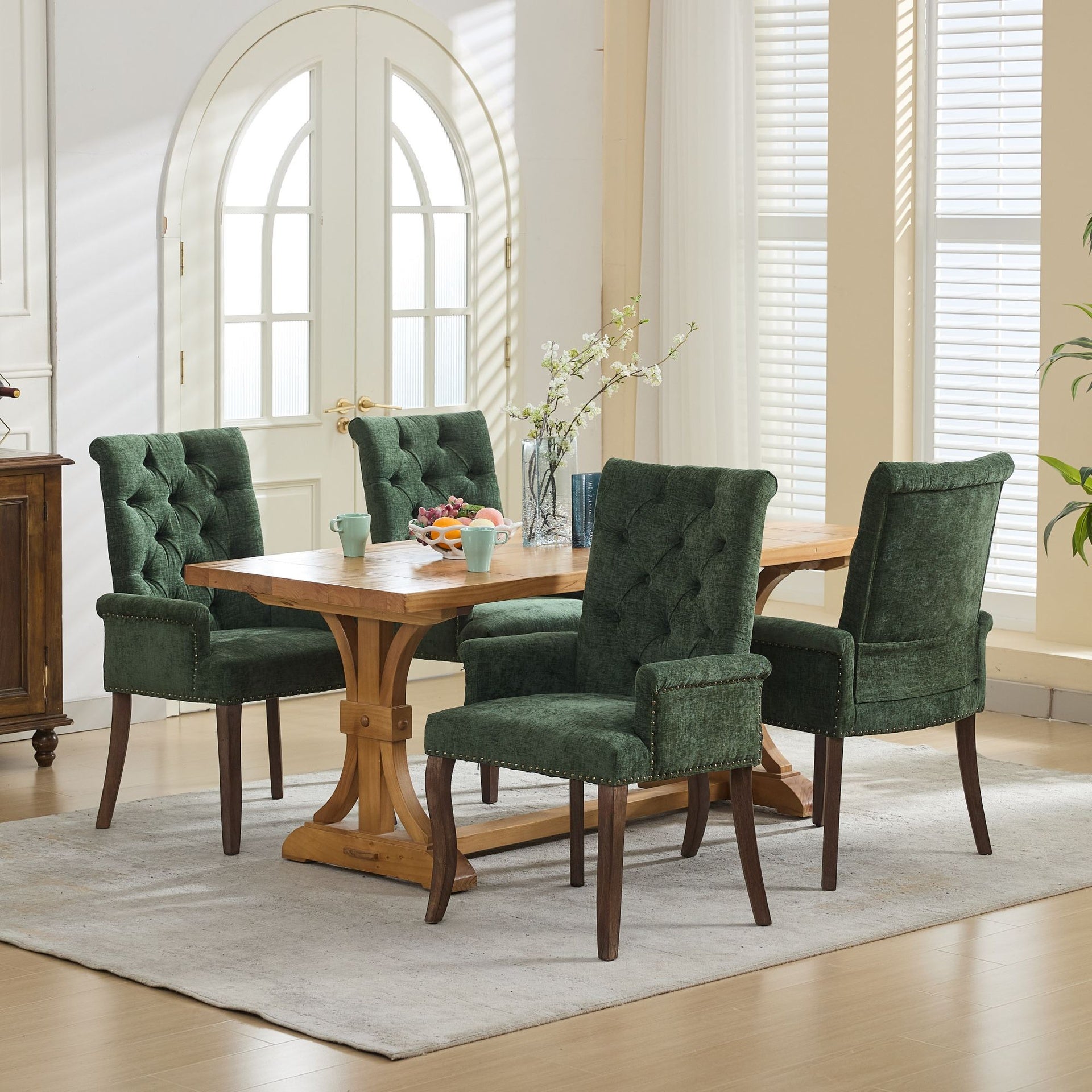 Upholstered Chenille Fabric Accent Dining Chair, Curved Solid Wood Legs, Elegant Tufted Club Dining Room Kitchen Room Arm Dining Chair, Single Pack,Olive Green,SW1895OL