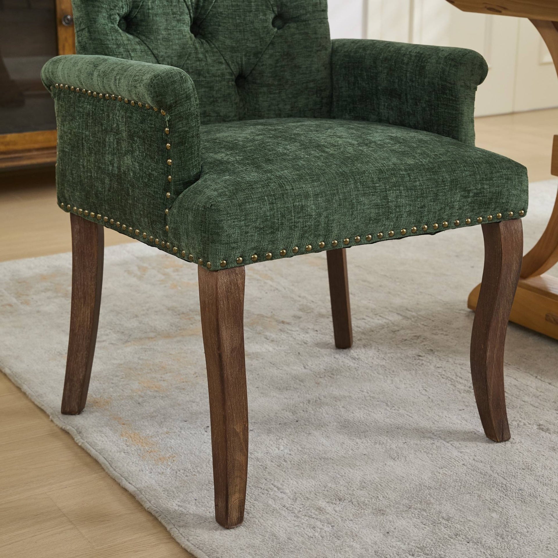 Upholstered Chenille Fabric Accent Dining Chair, Curved Solid Wood Legs, Elegant Tufted Club Dining Room Kitchen Room Arm Dining Chair, Single Pack,Olive Green,SW1895OL