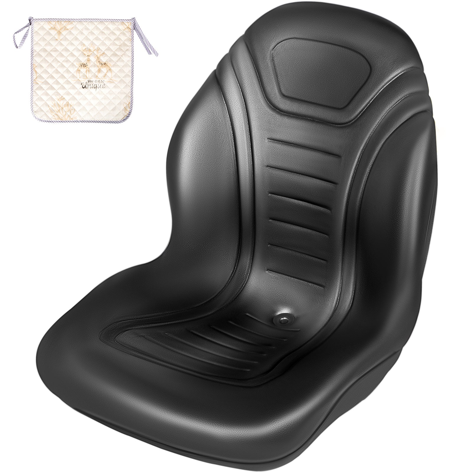 Universal Lawn Tractor Seat Replacement, Compact High Back Mower Seat, Black Vinyl Forklift Seat, Central Drain Hole Skid Steer Seat with Mounting Bolt Patterns of 8" x 11.5" & 11.25" x 11.5".