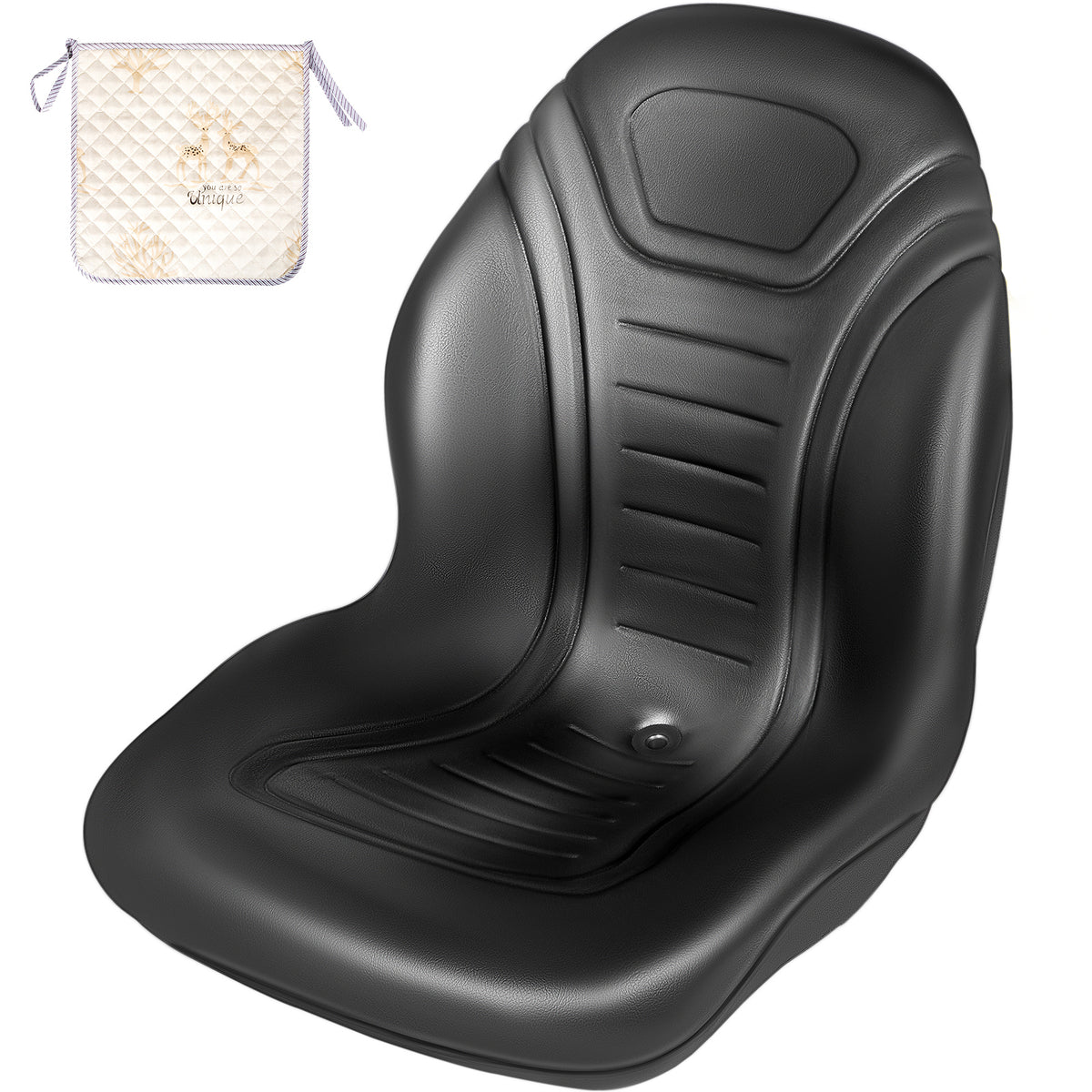 Universal Lawn Tractor Seat Replacement, Compact High Back Mower Seat, Black Vinyl Forklift Seat, Central Drain Hole Skid Steer Seat with Mounting Bolt Patterns of 8" x 11.5" & 11.25" x 11.5".